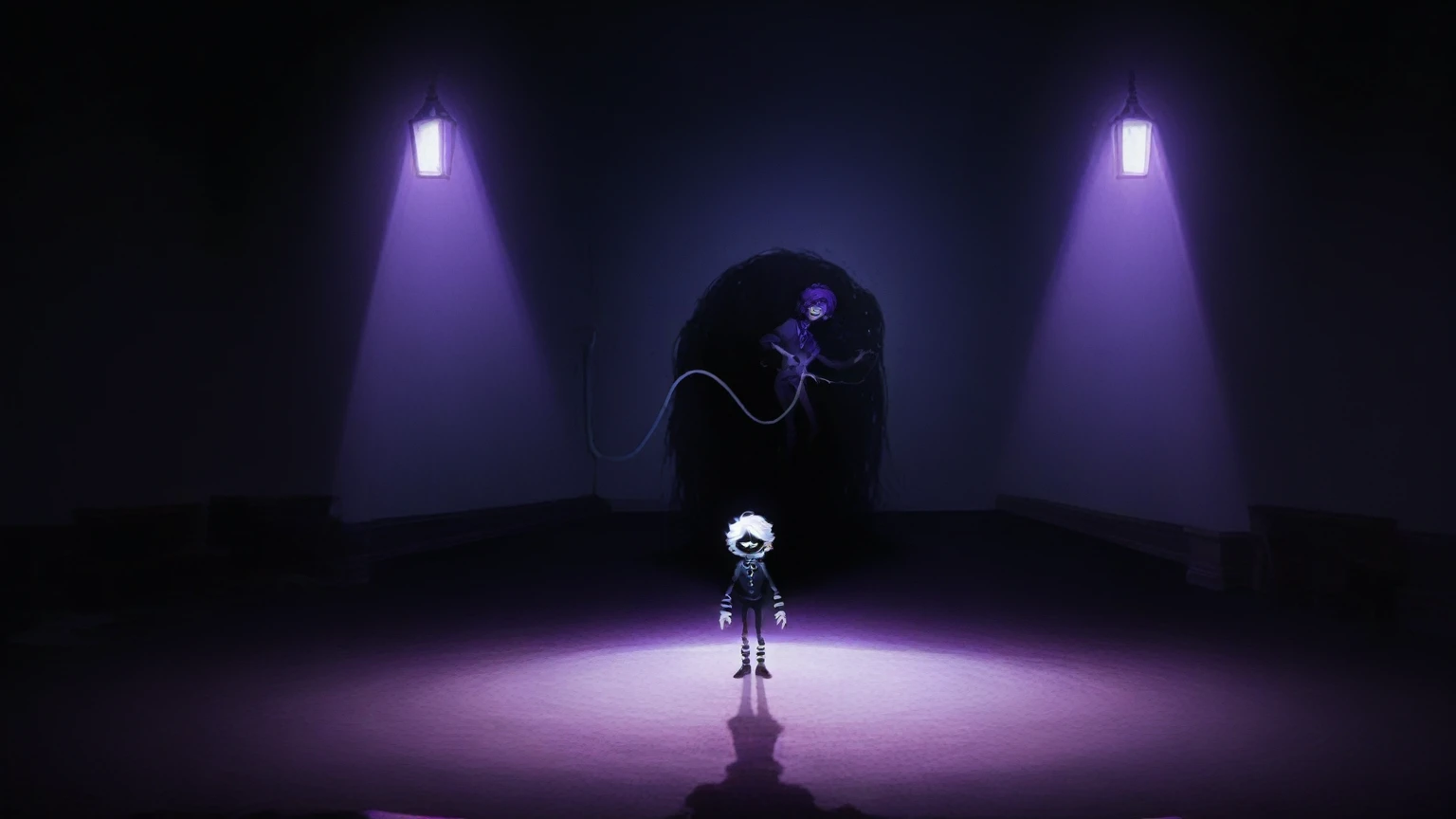 in an empty classroom , a dark demon girl with black horns, (pitch black eyes, cosmic black:1), , bright bleach white tips hair , well lit , very skinny, wearing a (over sized sweater, and polka dot leggings:1.3) cosmic pattern on skin , intricate detail