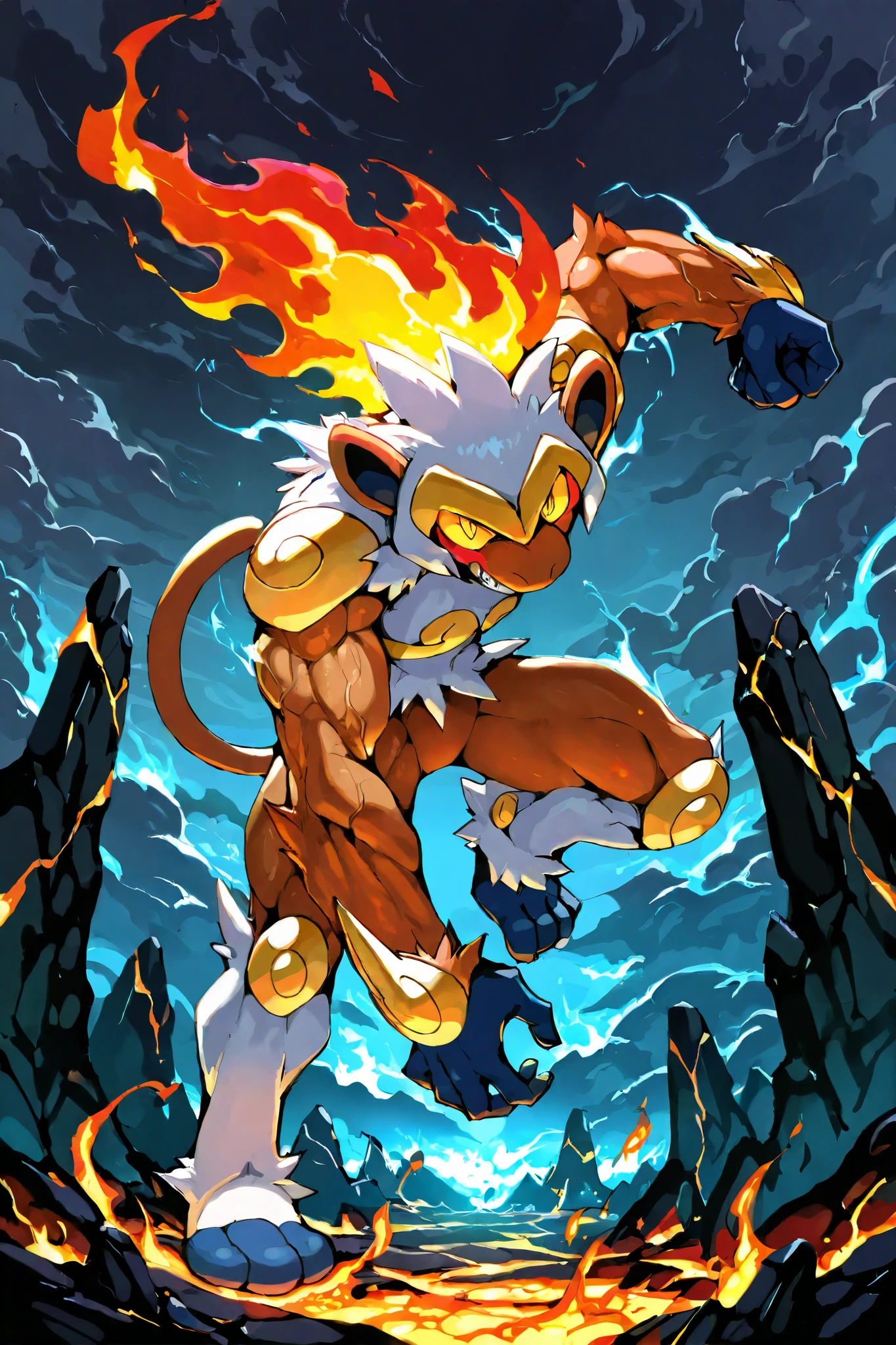 (Masterpiece:1.5), Ultra detailed, (Best quality:1.5), BREAK Infernape(Pokemon), BREAK (Muscular body:1.5), full body, detailed facial features, powerful expression, dynamic pose, fiery aura, epic landscape, glowing lava, volcanic rocks, dark cloudy sky, dramatic lighting