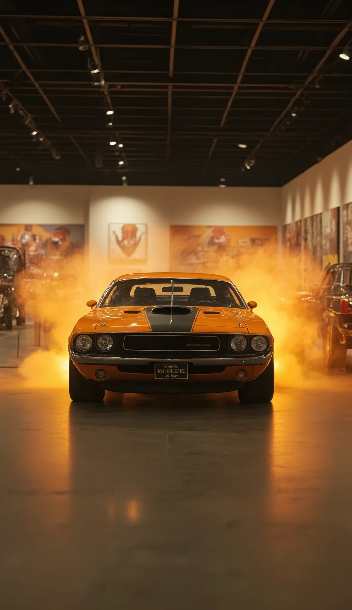highdefinition images,(masterpiece、top quality 1。 2)· no humans · unrealistic · old car exhibition · old car exhibition/antique car on display( Dutch Orange Challenger 1975 model)starts running without permission、old car runs through the museum without permission、dynamic、肩肌を映したdynamicなイラスト、 movie light、