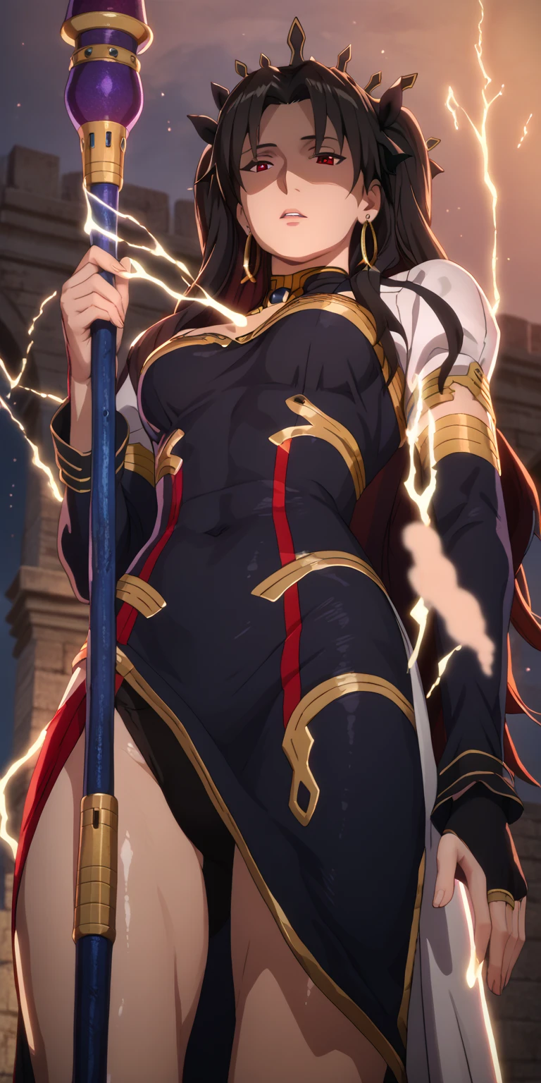 score_9, score_8_up, score_8, score_7_up, bouqtm, ishtar_(fate), red_eyes, parted bangs, long_hair, jewelry, earrings, black_hair, armlet, crown, two_side_up, small_breasts, hoop_earrings, ribbon, narrowed eyes, plump, shiny skin, anatomical correct, 1girl, solo, gloves, breasts, earrings, jewelry, white_gloves, black_hair, staff, looking_at_viewer, parted_lips, holding, dress, from_below, holding_staff, long_sleeves, puffy_sleeves, covered_navel, black_dress, ((dusty)), ((aura)), Cinematic, looking down, shaded face