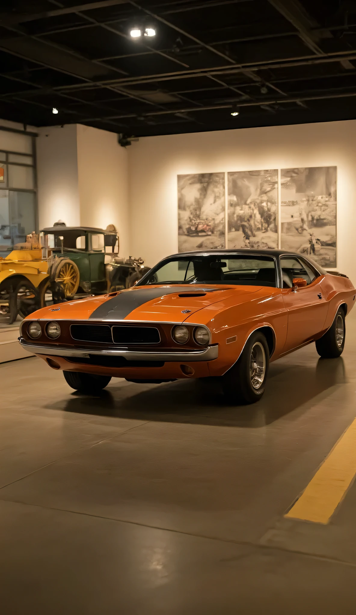 highdefinition images,(masterpiece、top quality 1。 2)· no humans · unrealistic · old car exhibition · old car exhibition/antique car on display（ Dutch 　Orange Challenger 1975 model）starts running without permission、old car runs through the museum without permission、dynamic、肩肌を映したdynamicなイラスト、 movie light、