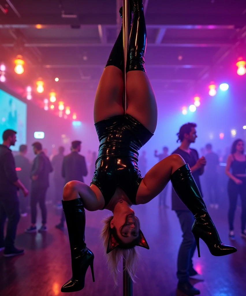 Hyper realistic Sexy busty spider woman in torn semi transparent costume hanging upside down pose under street lights with night drizzle and city lights background