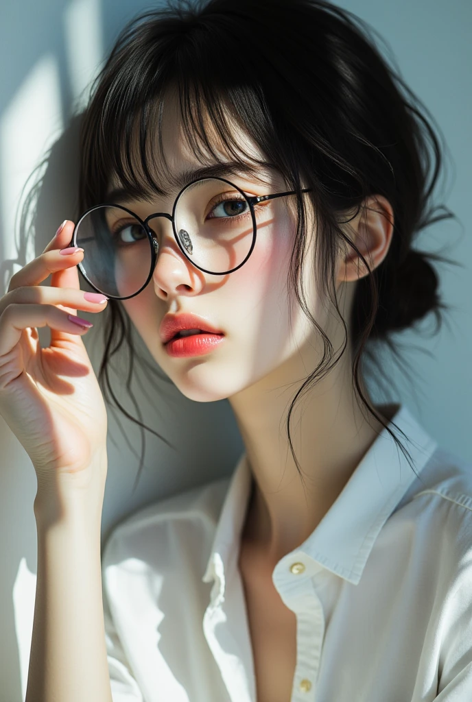 ((top quality)), ((傑top quality、masterpiece、High sensitivity、high definition、detailed description、depiction of a delicate face)),(Slender Woman、wear glasses、)Use a spoon、Cover your eyes、