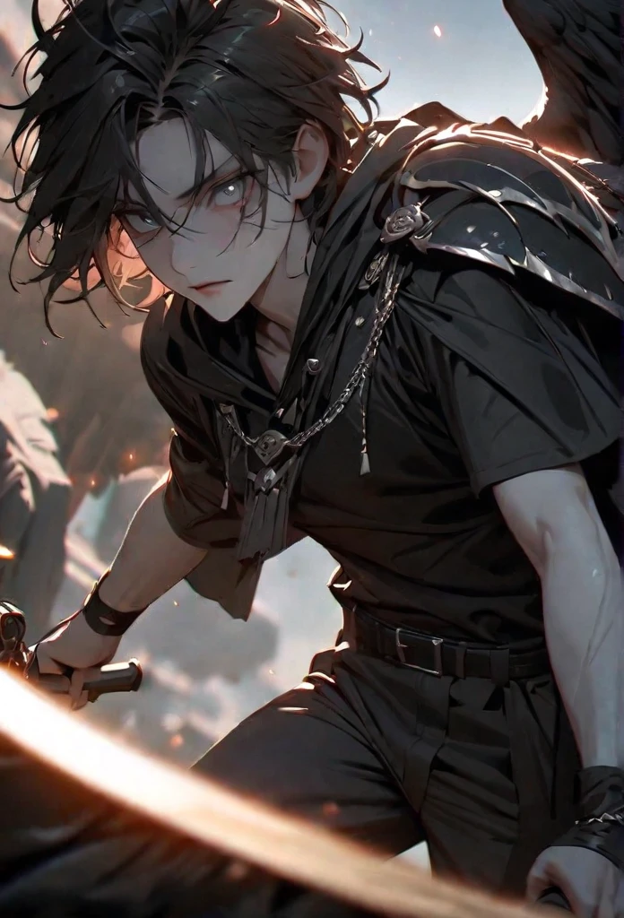 (solo), masculine, black korean hair, messy hair, mane hair, short hair, dense hair, wild hair, expressive hair, mature,(25 year old), pale skin, grey eyes, ((man)), teacher, wearing black shirt, rolled up sleeves, black long pants, One shoulder has shoulder armor, black cape covering one arm, detailed eyes, dark, hood, the background is space in china. Silver chains everywhere, attractive, eye reflection, depth of field, thunder aura, cinematic lighting, ray tracing, depth of field, cinematic lighting, ray tracing, UHD, high details, best quality, highres, high quality, award winning, super detail, masterpiece, 8k, UHD, high details, best quality, highres, high quality, award winning, super detail, masterpiece, 8k, digital art, anime coloring, full body, body shot, good face, perfect face, detailed face, good eyes, in a fighting position, holding a sword.