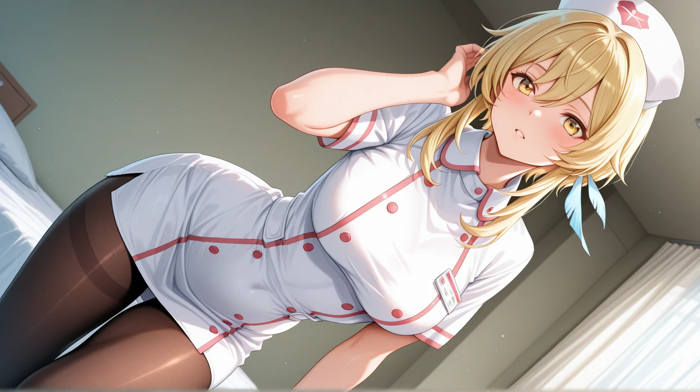 1girl, solo, nurse, nurse cap, white nurse uniform, ((white legwear, zettai ryouiki)), white gloves, twintails, yellow hair, purple eyes, smile, standing, ((hospital room)), sharp outline, short sleeves, best quality, masterpiece