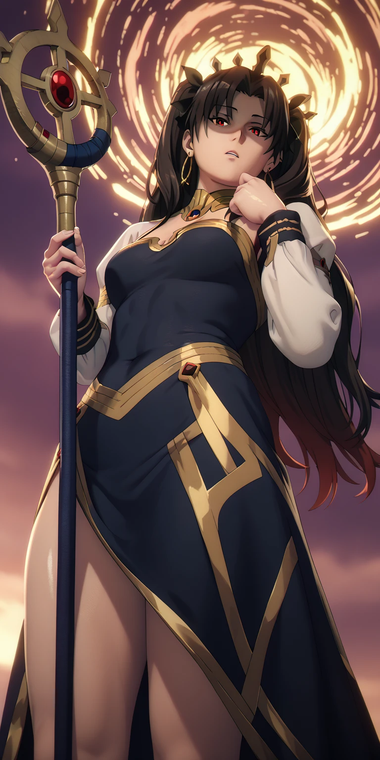score_9, score_8_up, score_8, score_7_up, bouqtm, ishtar_(fate), red_eyes, parted bangs, long_hair, jewelry, earrings, black_hair, armlet, crown, two_side_up, small_breasts, hoop_earrings, ribbon, plump, shiny skin, anatomical correct, 1girl, solo, gloves, breasts, earrings, jewelry, white_gloves, black_hair, staff, looking_at_viewer, parted_lips, holding, dress, from_below, holding_staff, long_sleeves, puffy_sleeves, covered_navel, black_dress, ((dusty)), ((aura)), Cinematic, looking down, shaded face