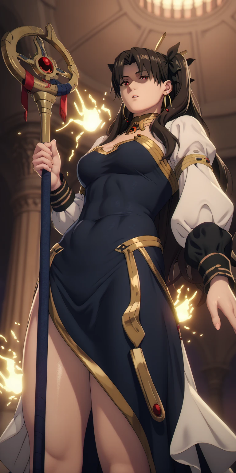 score_9, score_8_up, score_8, score_7_up, bouqtm, ishtar_(fate), red_eyes, parted bangs, long_hair, jewelry, earrings, black_hair, armlet, crown, two_side_up, small_breasts, hoop_earrings, ribbon, plump, shiny skin, anatomical correct, 1girl, solo, gloves, breasts, earrings, jewelry, white_gloves, black_hair, staff, looking_at_viewer, parted_lips, holding, dress, from_below, holding_staff, long_sleeves, puffy_sleeves, covered_navel, black_dress, ((dusty)), ((aura)), Cinematic, looking down, shaded face