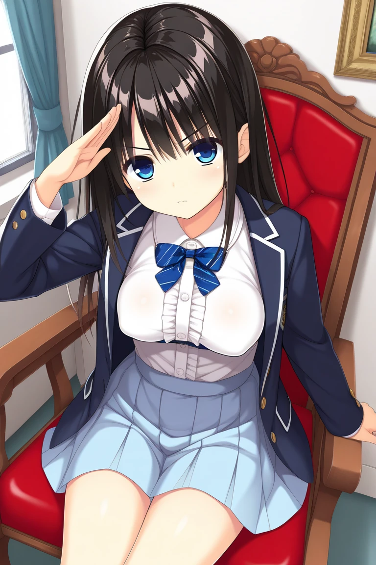 (R Solo:1.3)、(masterpiece)、((best qualtiy))、((ultra-detailliert))、(a high chroma)、(CG Illustration)、highcontrast、low angles、red blush、(Licory Recoil:1.3)、((Translucent navy blue uniform))、(White accents、Green Tie Ribbon)、White panties、、(Thick black tights)、(Purple anime-style eyes)、Delicate beautiful face、((teats)) 、(B cup breasts)、The best lighting、((turned around))、((squatting with legs bent))、