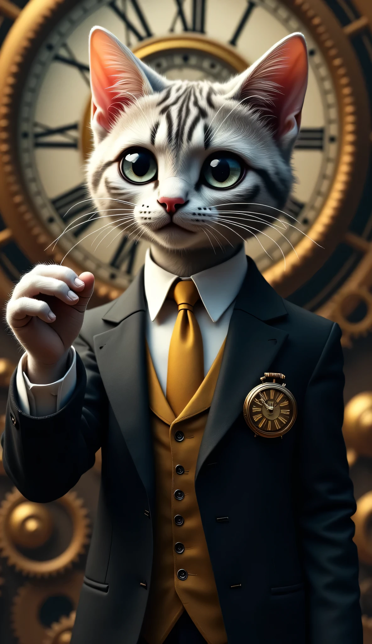 sophisticated pets , Probably a cat , they are wearing formal attire. have sharp, prominent grey eyes, they wear a black suit with a white shirt and gold tie. on their left . The background is complex, they have a large watch with roman numerals, Gear, Other Mechanical Components, suggests a steampunk theme. they also have a pocket watch on their left , right hands extended, they have a machine on their left hand I have a small object like a hand or a fingernail.
