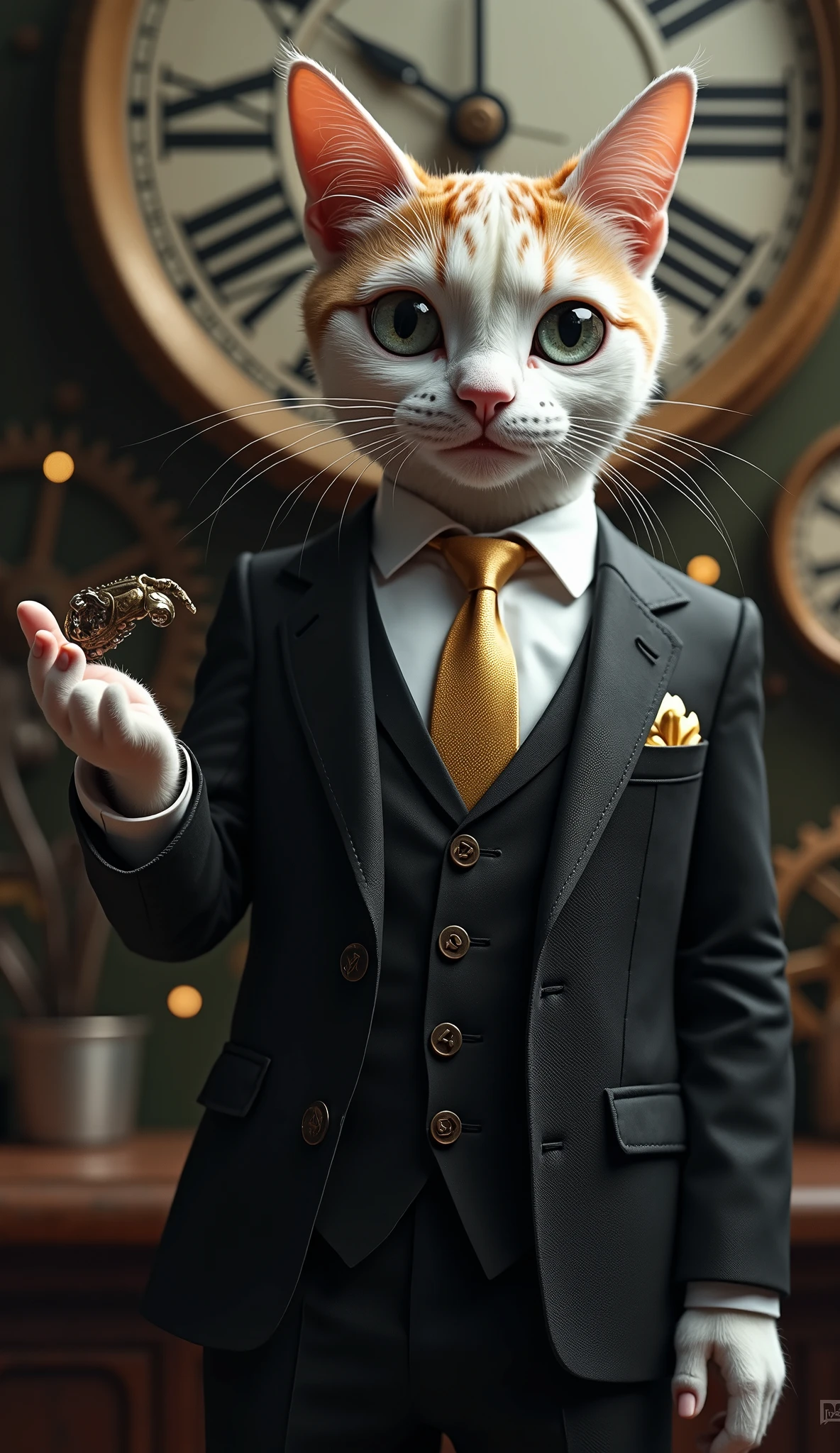 sophisticated pets , Probably a cat , they are wearing formal attire. have sharp, prominent grey eyes, they wear a black suit with a white shirt and gold tie. on their left chest. The background is complex, they have a large watch with roman numerals, Gear, Other Mechanical Components, suggests a steampunk theme. they also have a pocket watch on their left chest, right hands extended, they have a machine on their left hand I have a small object like a hand or a fingernail.