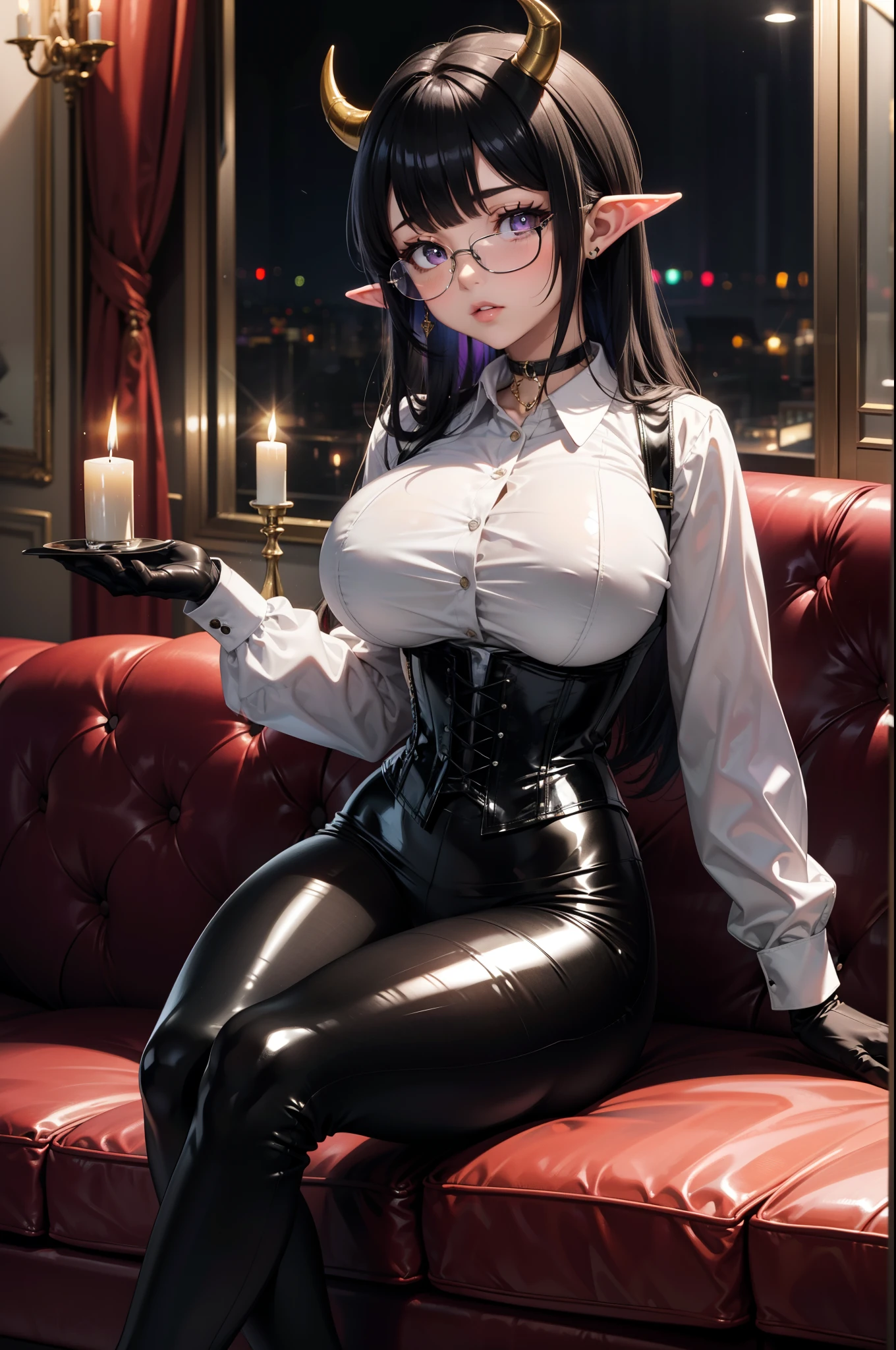 1 girl, Chiori \(genshin impact\), Alone, choker:1.6, White long sleeve shirt with collar, black leather corset, black gloves that cover your hands, shiny black tight mini skirt, shackles, glasses, looking at the viewer, inside, depth of field, expressionless, Sensual Lips , evening de invierno, show details in the eyes, looking at the viewer, Dark road, forest, evening, Atmosphere, fog