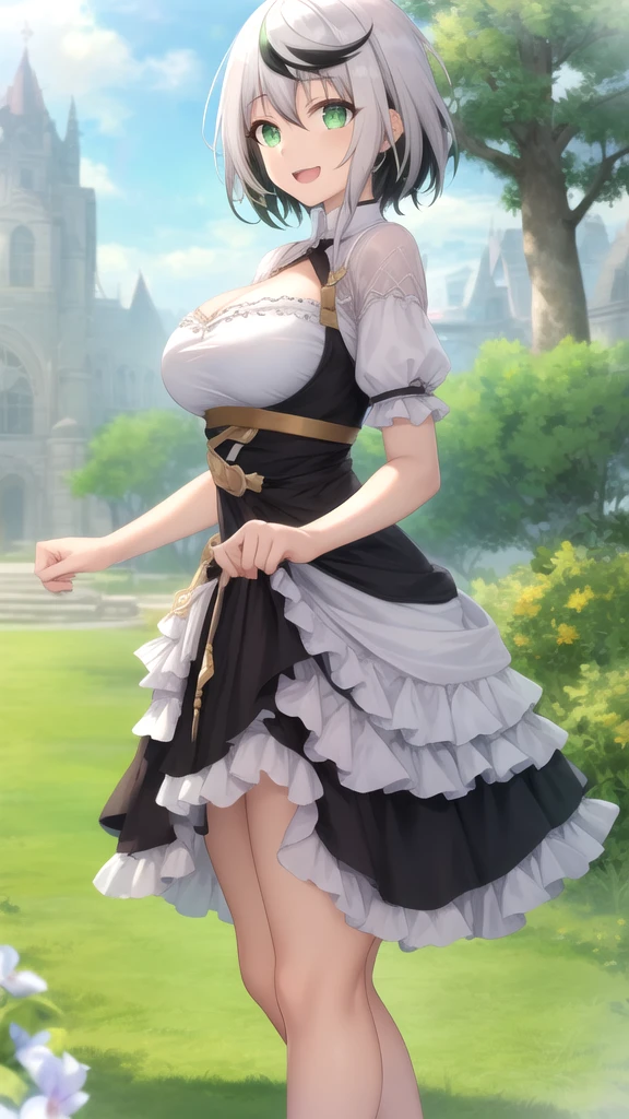(((beautiful))), (((dress, PRİNCESS, Rainbow Dress))), ((Black Hair, ponytail)), One Woman, Large Breasts,, Cleavage, Glowing Skin, (((Intricate details))), High resolution, ((Intricate details, Ultra-detailed)), whole body, Are standing, (looking at viewer, look at viewer), Red cheeks, smile, garden, Walking the Streets