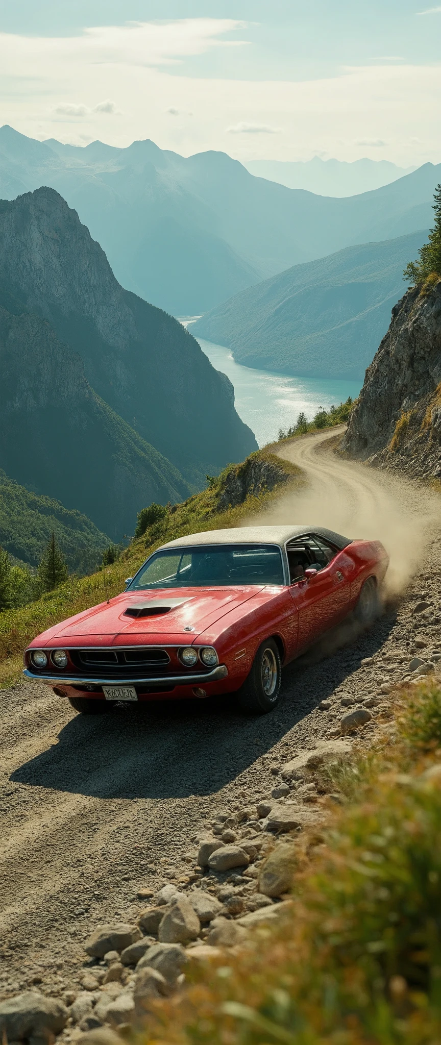  highdefinition images,(masterpiece、Top quality 1。2)· Realistic antique car(Dutch Red Challenger 1975 model)starts running on its own and runs up the mountain path passing through、dynamic、肩肌を映したdynamicなイラスト、