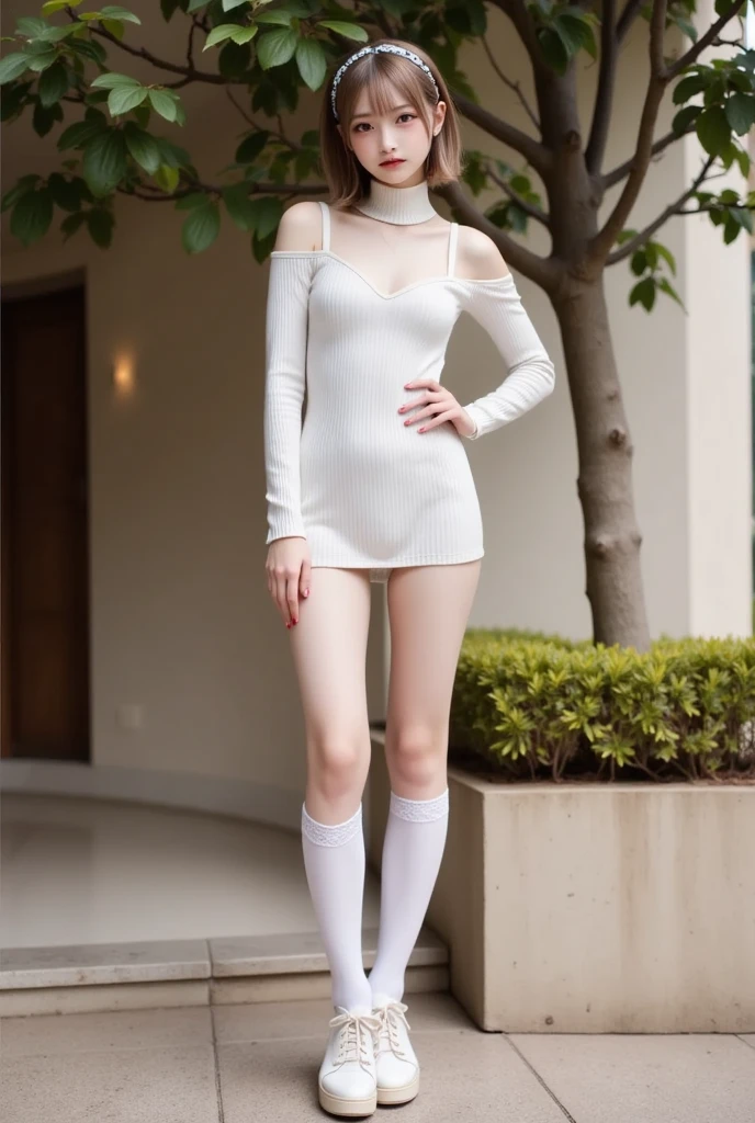 ulzzang-6500-v1.1, (RAW photo:1.2), (Photoreal), beautiful details, (genuine: 1.4), A naive 33 year old wife、(Wearing a knit dress that clearly shows off your body line)、(super realistic pantyhose:1.3)、thighs thighs thighs、squatting in the park、Height 156 cm, A little chubby body type、japanese model, short layered hair、laughter、smile、japanese girl, neat japanese woman, japanese goddess, innocence、huge file size, High resolution, very detailed, highest quality, [masterpiece:1.6], enlightenment, very detailed, nffsw, finely, highest quality, 8k wallpaper, movie lighting,  cute droopy eyes beautiful big eyes、((muste piece)), highest quality, 1 milf, eye shadow, portrait, (((full body shot:1.3)))、((とても愛情深いsmile:1.2))、((very long legs:1.3)),(elegant brown hair:1.4)),((Short hairstyle:1.4)), 　shiny skin、exposed thighs!!!、