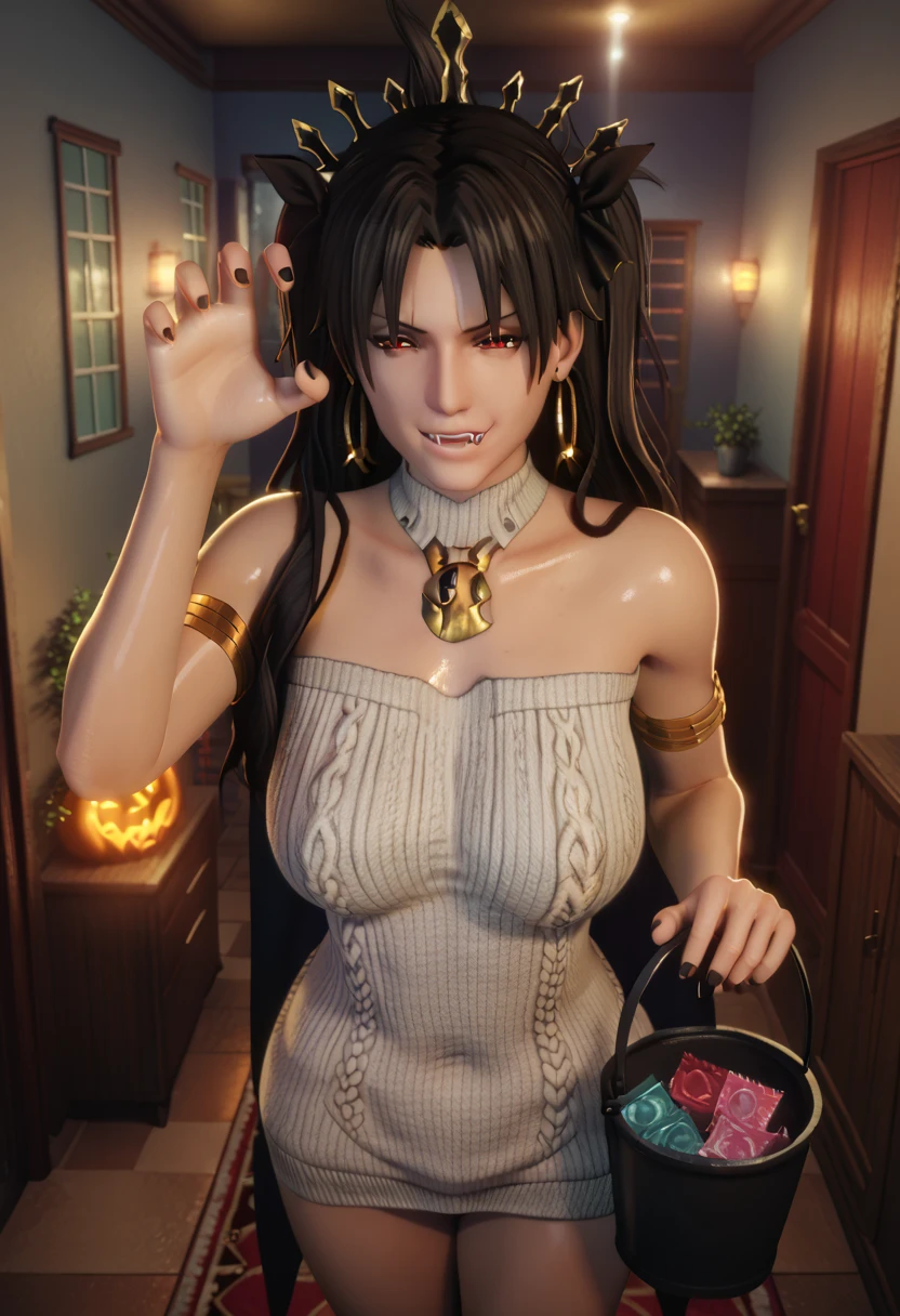 score_9, score_8_up, score_8, score_7_up, bouqtm, ishtar_(fate), red_eyes, parted bangs, long_hair, jewelry, earrings, black_hair, armlet, crown, two_side_up, small_breasts, hoop_earrings, ribbon, narrowed eyes, plump, shiny skin, anatomical correct, hearts, pleasured, 1girl, breasts, mature female, solo, navel, virgin destroyer sweater, necklace, standing, claw pose, holding bucket, halloween, looking at viewer, fangs, smirk, collarbone, condom, condom box, thighs, curvy, hallway, dim light, cape, black nails, 3d, cgi