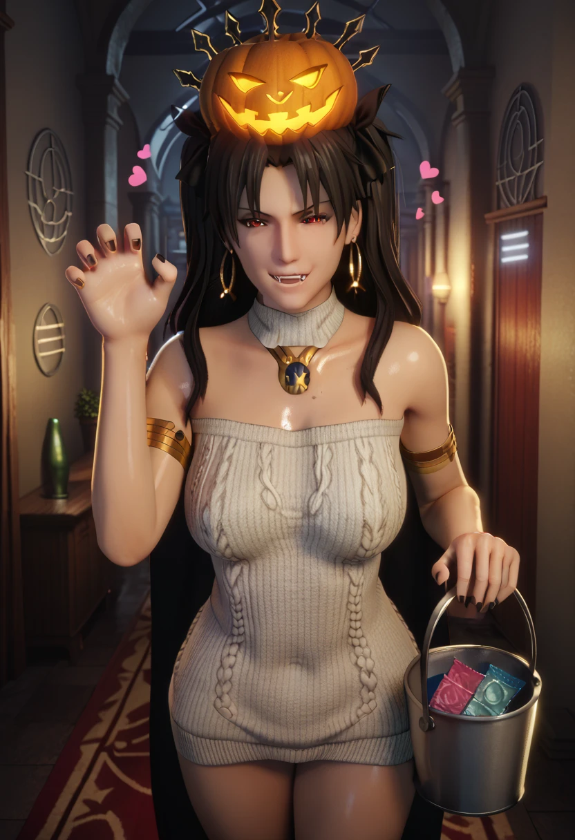 score_9, score_8_up, score_8, score_7_up, bouqtm, ishtar_(fate), red_eyes, parted bangs, long_hair, jewelry, earrings, black_hair, armlet, crown, two_side_up, small_breasts, hoop_earrings, ribbon, narrowed eyes, plump, shiny skin, anatomical correct, hearts, pleasured, 1girl, breasts, mature female, solo, navel, virgin destroyer sweater, necklace, standing, claw pose, holding bucket, halloween, looking at viewer, fangs, smirk, collarbone, condom, condom box, thighs, curvy, hallway, dim light, cape, black nails, 3d, cgi