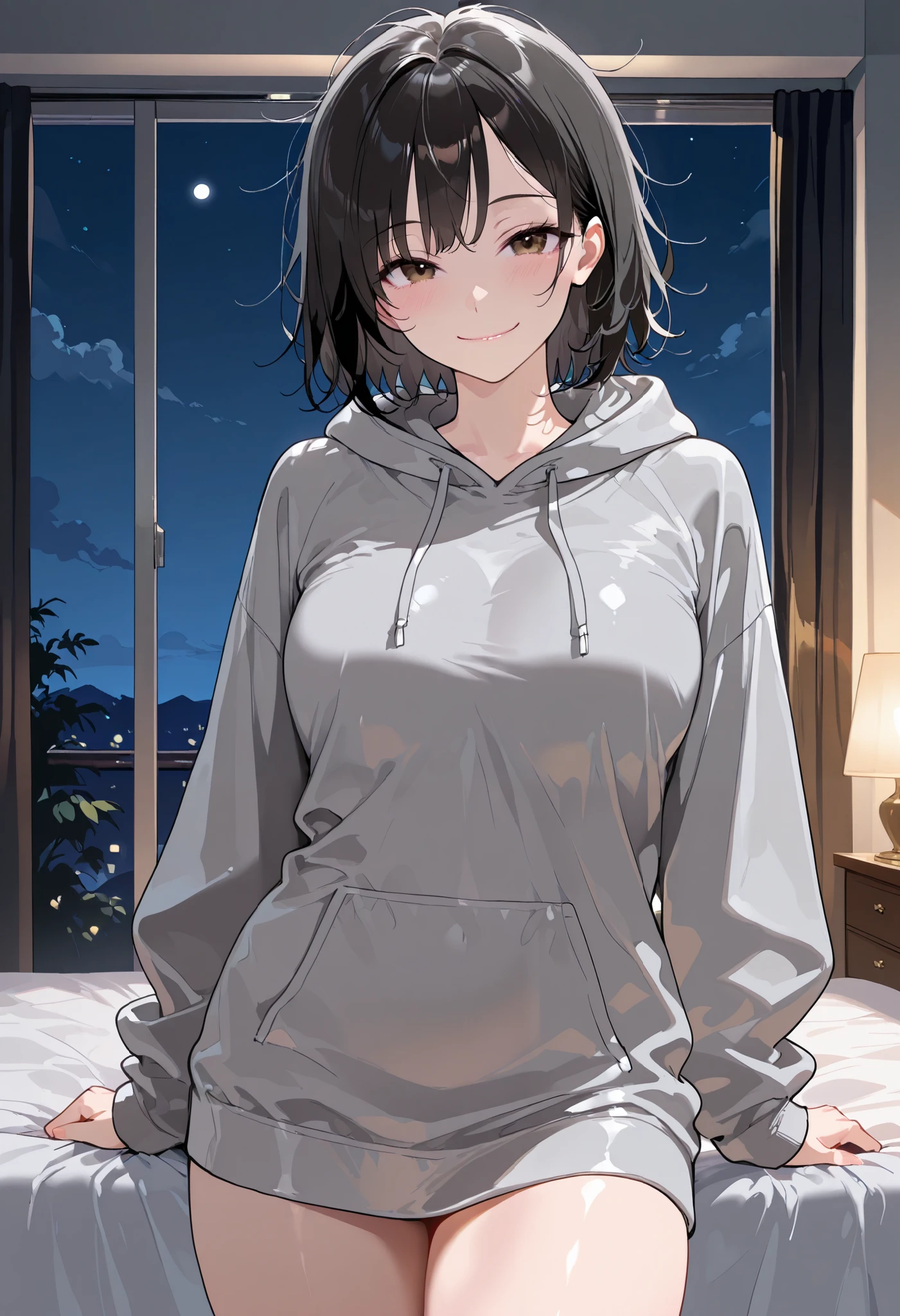 high res image, Beautiful girl with slim body, (masterpiece, detailed:1.2), (1girl:1.4), (black hair, short hair, messy hair, long side bangs), (dynamic poses), looking at viewer, (enjoyed, light smile), (brown eyes, detail eyes), Beautiful eyes, (average breasts:1.3), (slender body), (beautiful detailed face, beautiful detailed eyes), ((grey oversized hoodie)), (late night), bedroom, ((cowboy shot:1.3)), seductive, lustrous skin, lustful skin, erotic skin