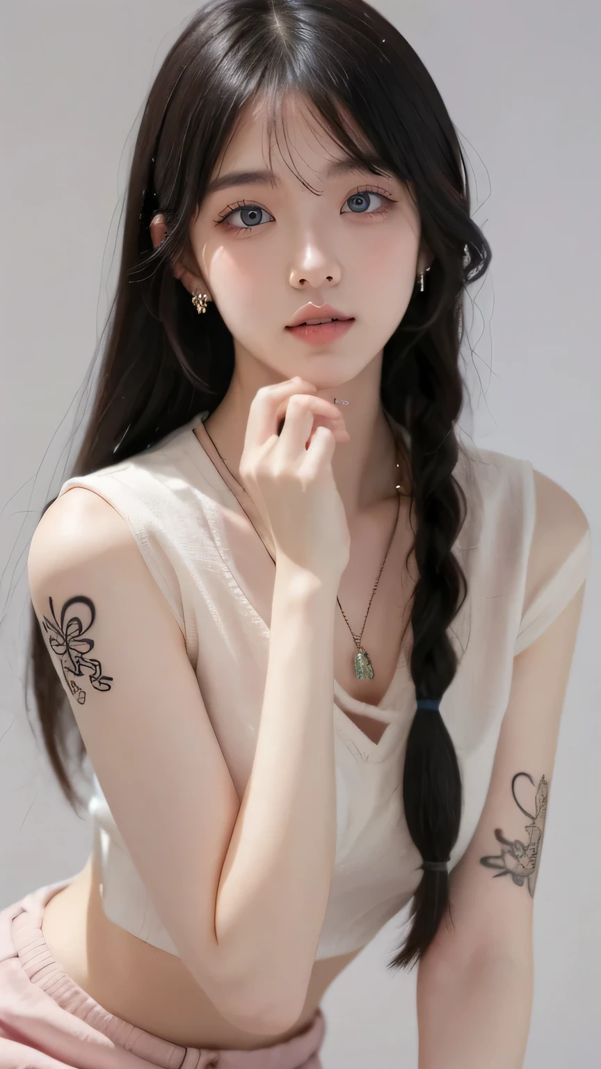 masterpiece, best quality, absurdres, highres, solo, 1girl, looking at viewer, bangs, green hair, long hair, braids, hair between eyes, neutral background, simple background, blue eyes, thick eyelashes, soft gaze, parted lips, pink lips, jewelry, earrings, necklace, arm tattoo, neck tattoo, hand tattoo, flower tattoo, spot color, school uniform, traditional japanese uniform, detailed fabric folds, elegant posture, hand up, pink nails, finger on chin, neutral color palette,