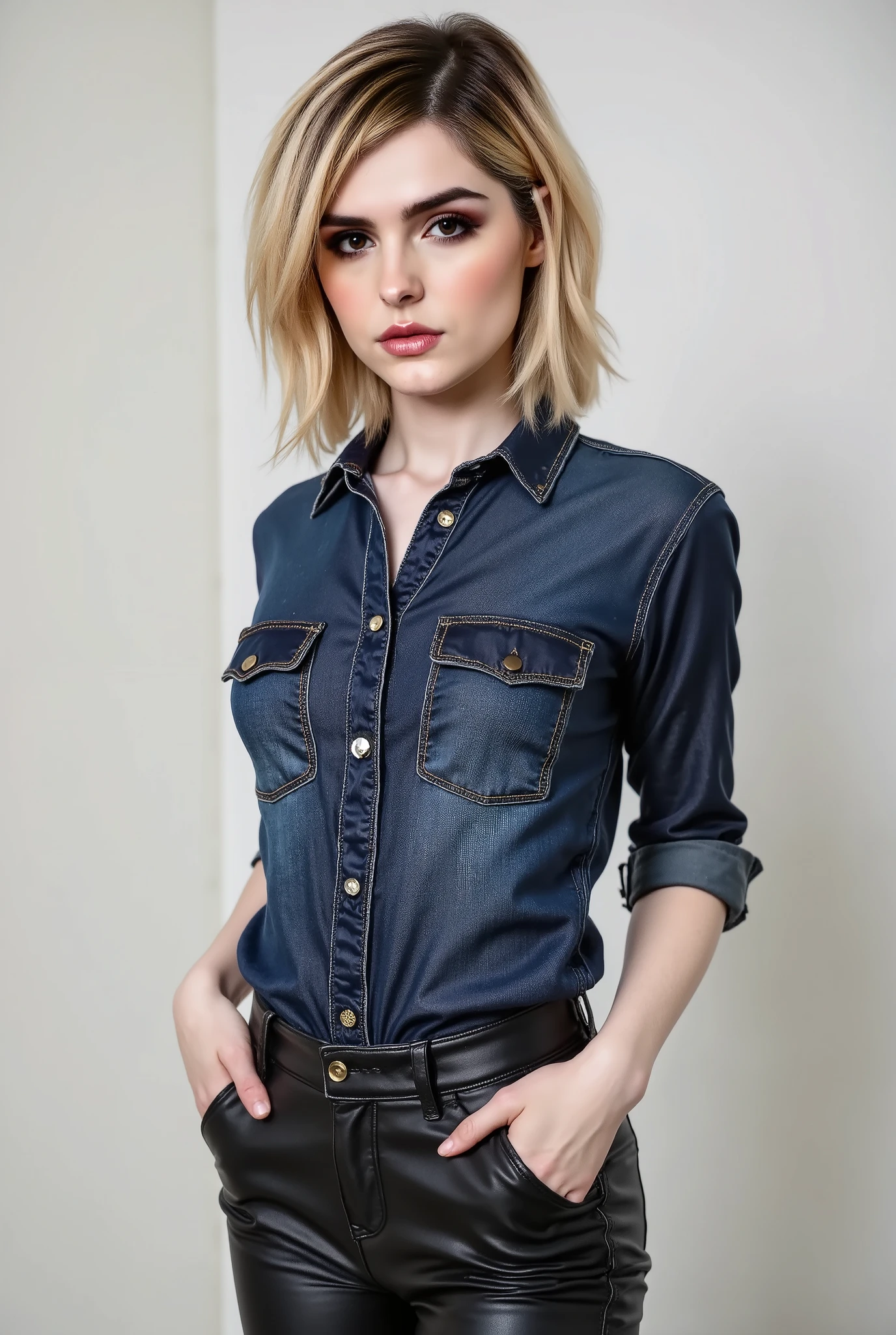 woman in a dark blue denim bust pockets shirt tucked tightly into her black leather cargo pants. She poses in a photo studio. No cleavage. The lights are towards her. It's very realistic. Portrait photo. beautiful eyes, perfect quality, 8k, noise, 8k uhd, dslr, ultra high quality image, film grain, Fujifilm XT3,