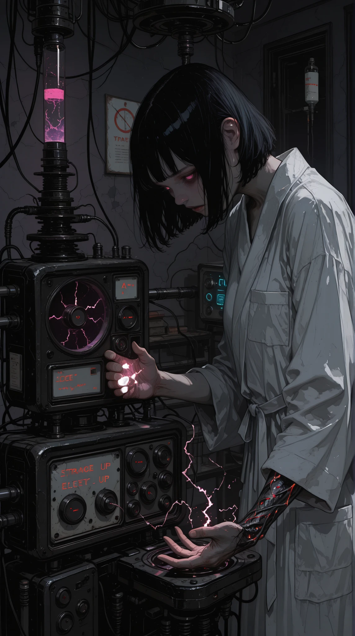 Sinozick_illu,gradient,spot color, Score_9, score_8_up, score_8, score_7_up, a scientist woman, black hair, Bob cut hairstyle, white lab robe, ((strange electric device in one hand)), inside of a laboratory, year 1925, Lovecraft atmosphere, dark atmosphere, expressiveh, concept art, realistic, digital art, 