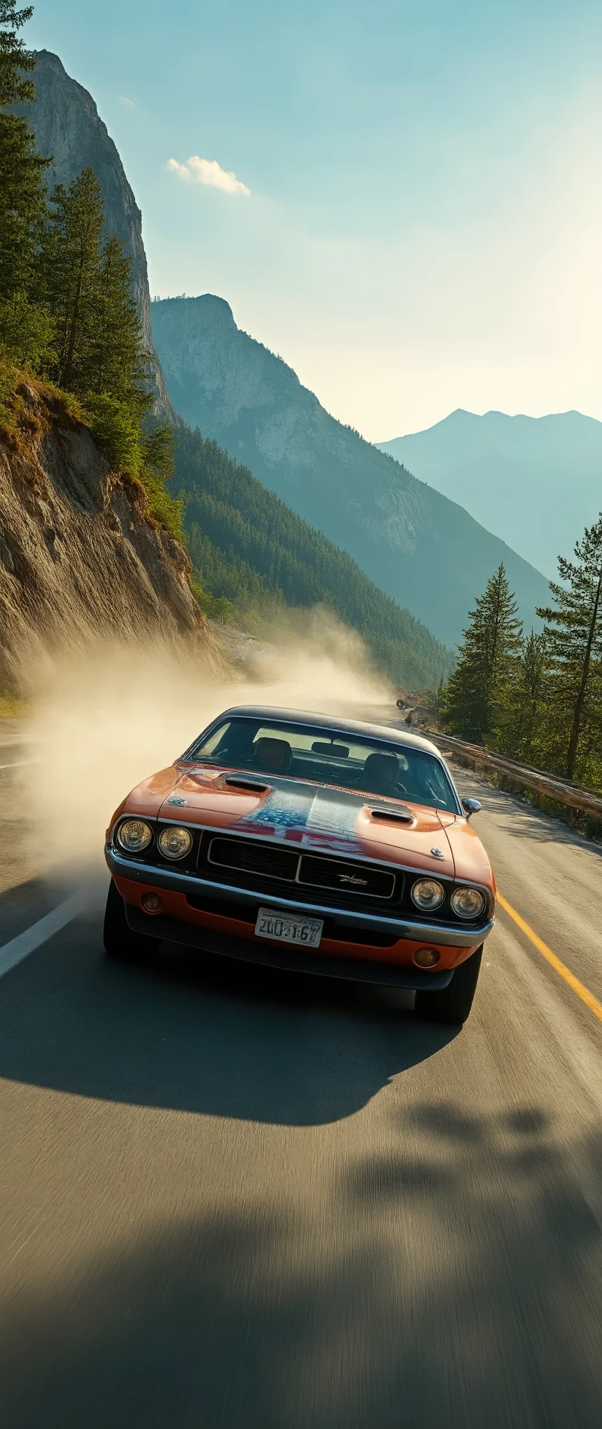  highdefinition images,(masterpiece、Staring at the highest quality 1 。2)· REALISTIC ANTIQUE CAR(orange Challenger 1975 model with the American flag drawn on the car body)How Duke starts driving、and runs up the mountain road、DYNAMIC SPEEDING SCENE。、