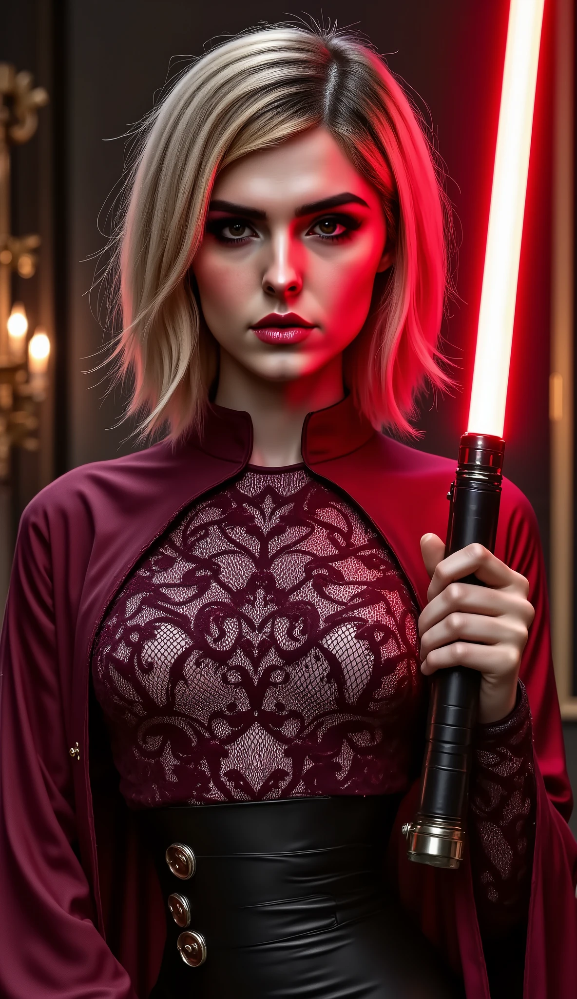 full body shot, female warrior, sith lord, star wars, red lightsaber, intricate details,beautiful detailed eyes, beautiful detailed lips, extremely detailed face, long eyelashes, evil look, diabolic, dramatic lighting, dark fantasy, chiaroscuro, cinematic composition, dramatic pose, dynamic action, moody atmosphere, deep shadows, vibrant colors, photorealistic, 8k, masterpiece