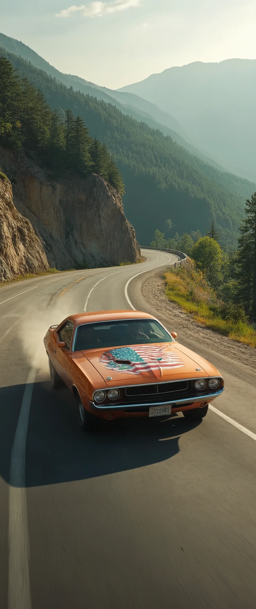  highdefinition images,(masterpiece、Staring at the highest quality 1 。2)· REALISTIC ANTIQUE CAR(orange Challenger 1975 model with the American flag drawn on the car body)How Duke starts driving、and runs up the mountain road、DYNAMIC SPEEDING SCENE。、