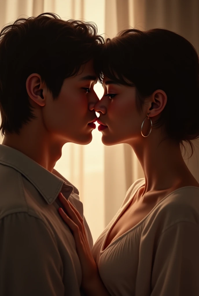 1boy handsome men , 1girl beautiful women Short hair ,kiss