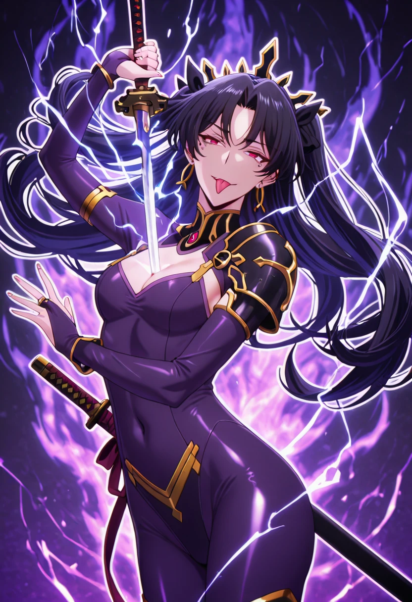 score_9, score_8_up, score_8, score_7_up, bouqtm, ishtar_(fate), red_eyes, parted bangs, long_hair, jewelry, earrings, black_hair, armlet, crown, two_side_up, small_breasts, hoop_earrings, ribbon, narrowed eyes, plump, shiny skin, anatomical correct,, ((tongue out)), excessive saliva, 1girl, breasts, weapon, human_scabbard, solo, sword, electricity, cleavage, holding_weapon, musou_isshin_(genshin_impact), mitsudomoe_(shape), drawing_sword, holding, tomoe_(symbol), holding_sword, bodysuit, bridal_gauntlets, shoulder_armor, armor, mole, katana, mole_under_eye, covered_navel, cowboy_shot, between_breasts, sheath, alternate_costume, floating_hair, ((aura)), ((white outline)), smirk, magic particle, fantasy