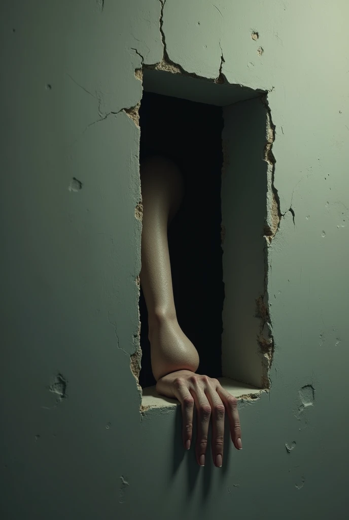 A beautiful naked girl crawled halfway through a hole in the wall