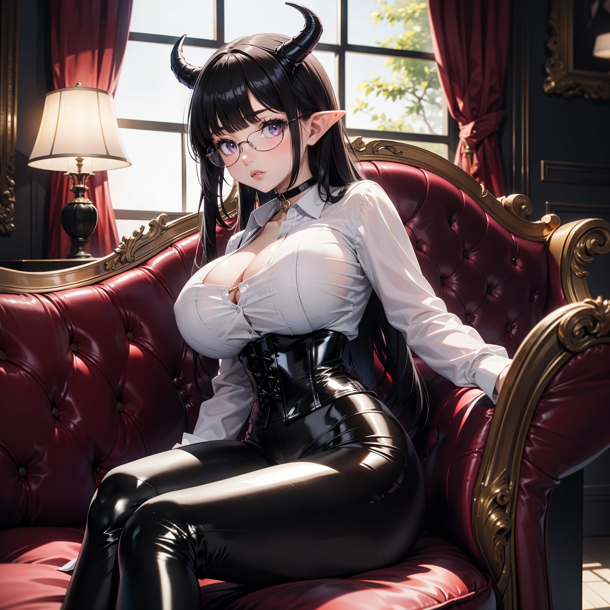 hindenburg, ahoge, demon horns, 1girl, solo, huge breasts, ahoge, 
miniskirt, elbow gloves, black gloves, black pantyhose, demon wings, low wings, indoors, bedroom,
