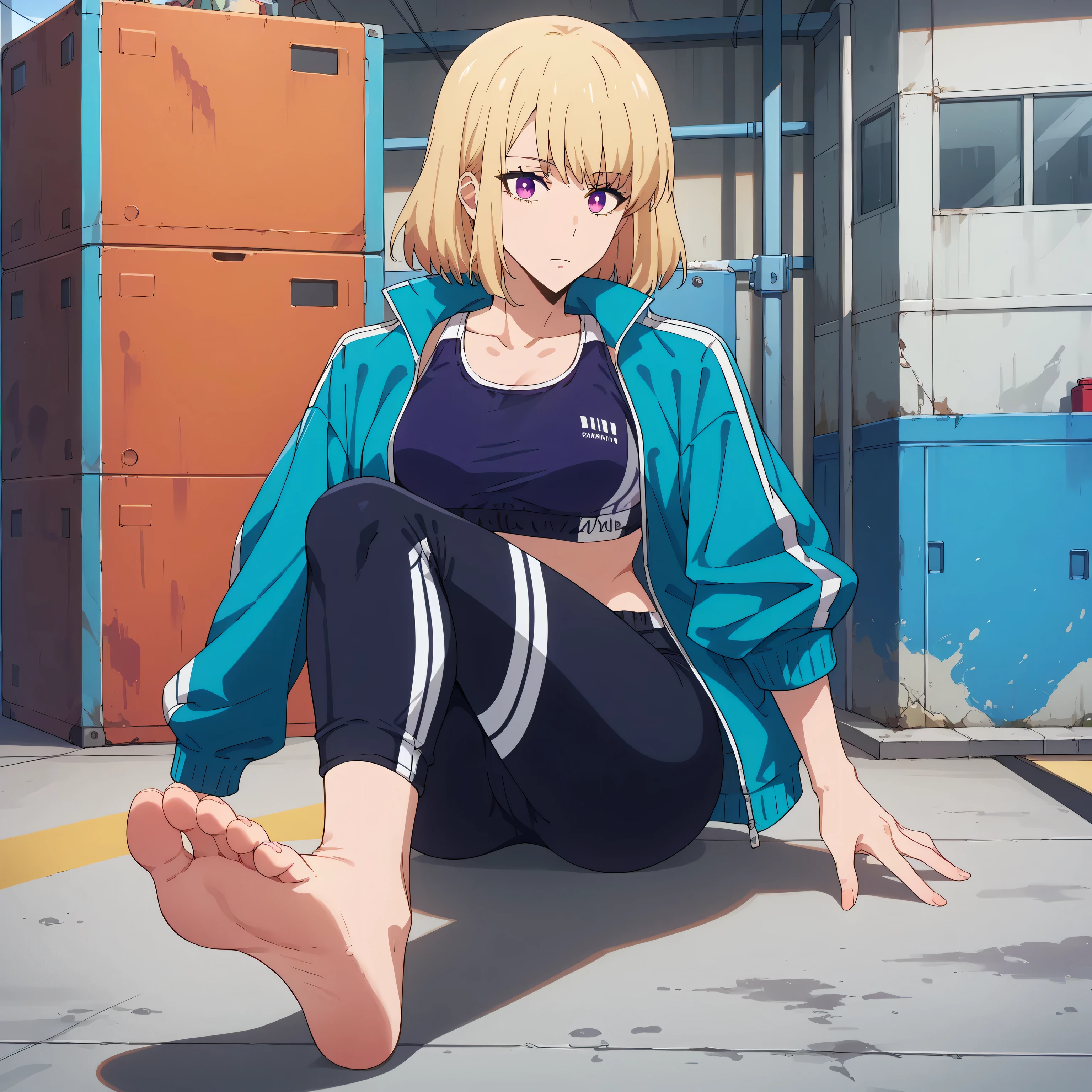 High Resolution, masterpiece, best quality, high quality,  score_9, score_8_up, score_7_up, source_anime,
surreal, anime coloring,
1girl, solo, ChaHaeInSport, blonde hair, medium hair, purple eyes, sportswear, sports bra, purple bra, track jacket, blue jacket, jacket on shoulders, leggings, black pants,
Breasts, barefoot, feet focus, soles