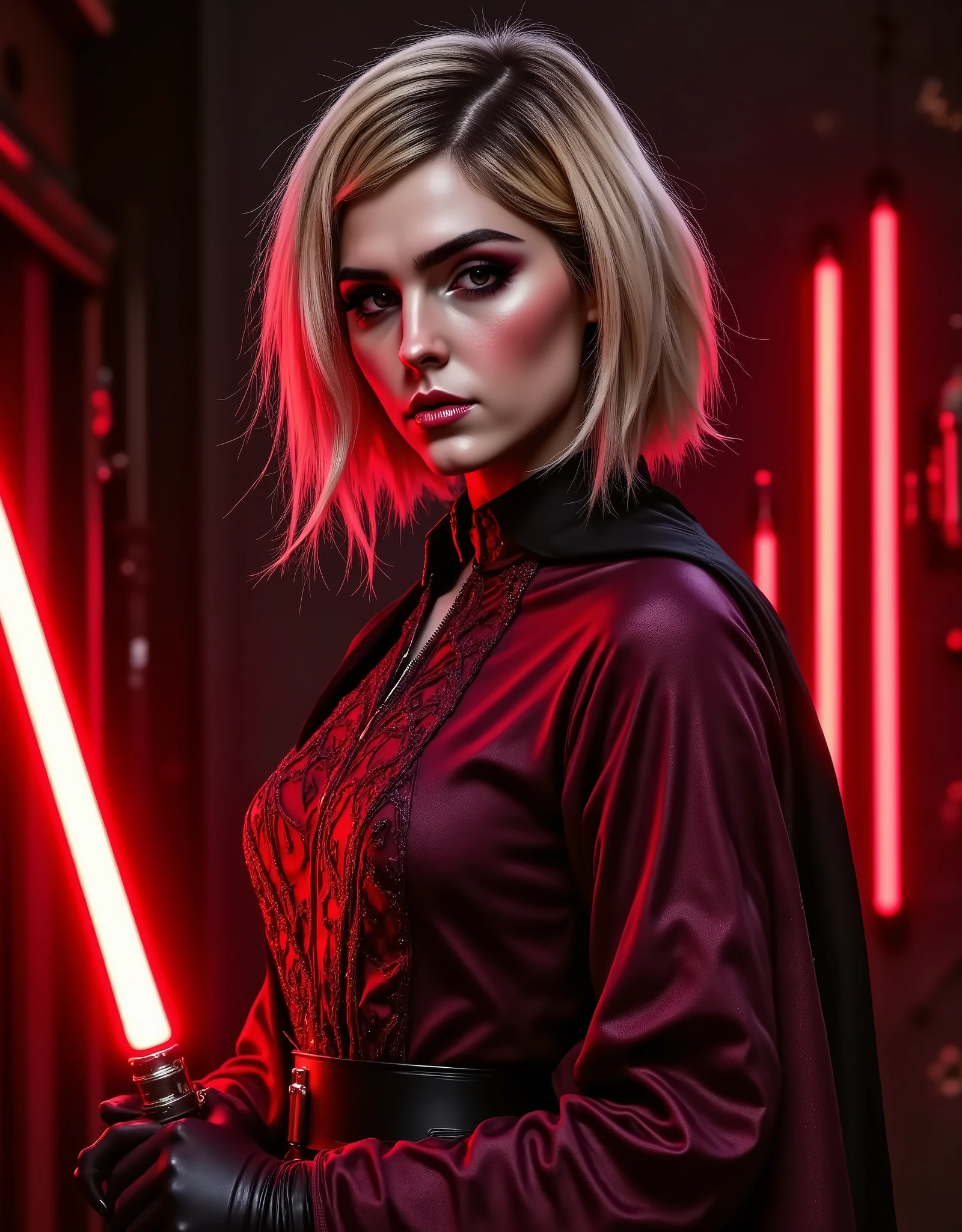 full body shot, female warrior, sith lord, star wars, red lightsaber, intricate details,beautiful detailed eyes, beautiful detailed lips, extremely detailed face, long eyelashes, evil look, diabolic, dramatic lighting, dark fantasy, chiaroscuro, cinematic composition, dramatic pose, dynamic action, moody atmosphere, deep shadows, vibrant colors, photorealistic, 8k, masterpiece
