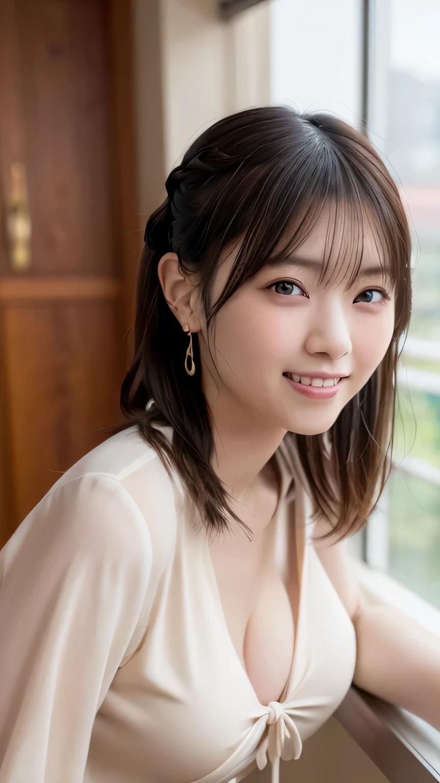 masterpiece, highest quality, 8k, 18-year-old, Big Breasts, cute, alone, A kind smile, Idol, cute, Girlish, Delicate girl, Pure beauty,  RAW Photos, Professional photography, Portraiture, Soft Light, Professional Lighting, Backlight, Upper Body, avert your eyes, Sophisticated, Film Grain, (Eye and facial details:1.0), Floating Shorthair, beautiful, Flowing hair, bangs, Off-the-shoulder knit、Big Breasts、The chest is slightly visible, Huge breasts:2.0, Droopy eyes, round face