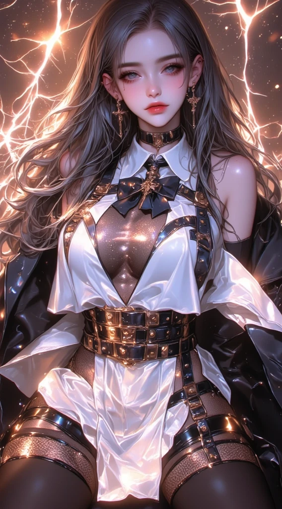 masterpiece, Highest quality, One person, with long flowing iridescent hair in shades of purple, green, Green and, Wearing a shiny black bodysuit, Place one hand on your hip、In the other hand, a light shines, Magic crystal ball. background, A swirl of light and energy、It gives the scene a mysterious and enchanting atmosphere.。. glow 髪, Multicolor Hair