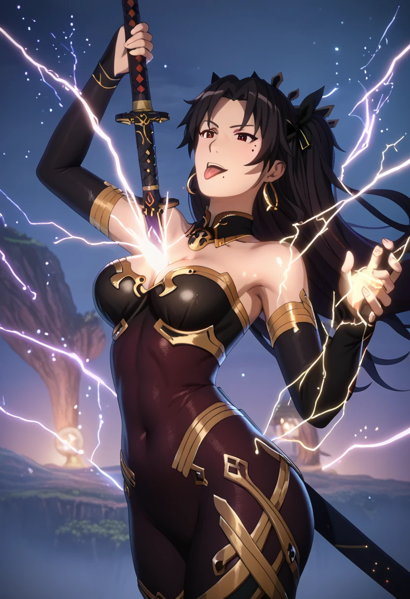 ((anime screencap)), score_9, score_8_up, score_8, score_7_up, bouqtm, ishtar_(fate), red_eyes, parted bangs, long_hair, jewelry, earrings, black_hair, armlet, crown, two_side_up, small_breasts, hoop_earrings, ribbon, narrowed eyes, plump, shiny skin, anatomical correct, ((tongue out)), excessive saliva, 1girl, breasts, weapon, human_scabbard, solo, sword, electricity, cleavage, holding_weapon, musou_isshin_(genshin_impact), mitsudomoe_(shape), drawing_sword, holding, tomoe_(symbol), holding_sword, bodysuit, bridal_gauntlets, shoulder_armor, armor, mole, katana, mole_under_eye, covered_navel, cowboy_shot, between_breasts, sheath, alternate_costume, floating_hair, ((aura)), ((white outline)), smirk, magic particle, fantasy
