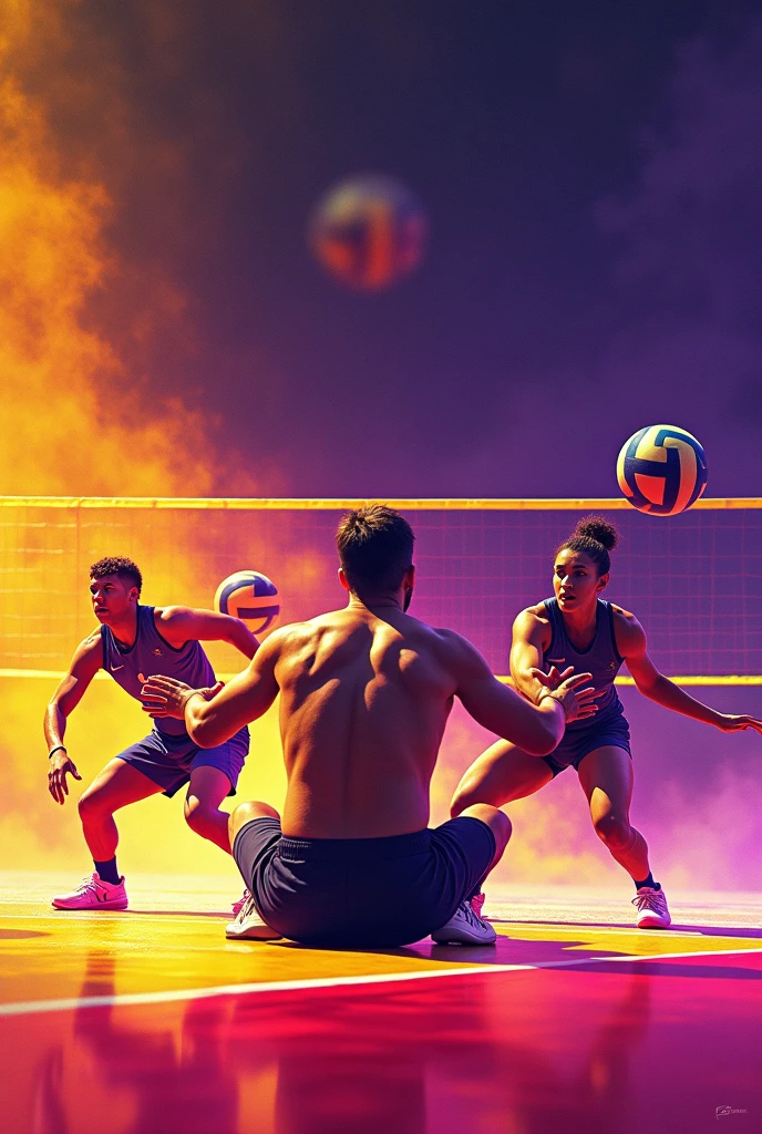A dynamic footvolley match taking place at night, with the players' movements frozen in time as they leap and stretch for the ball. The sand court is bathed in soft, ambient lighting from overhead floodlights, casting long shadows that enhance the action.
