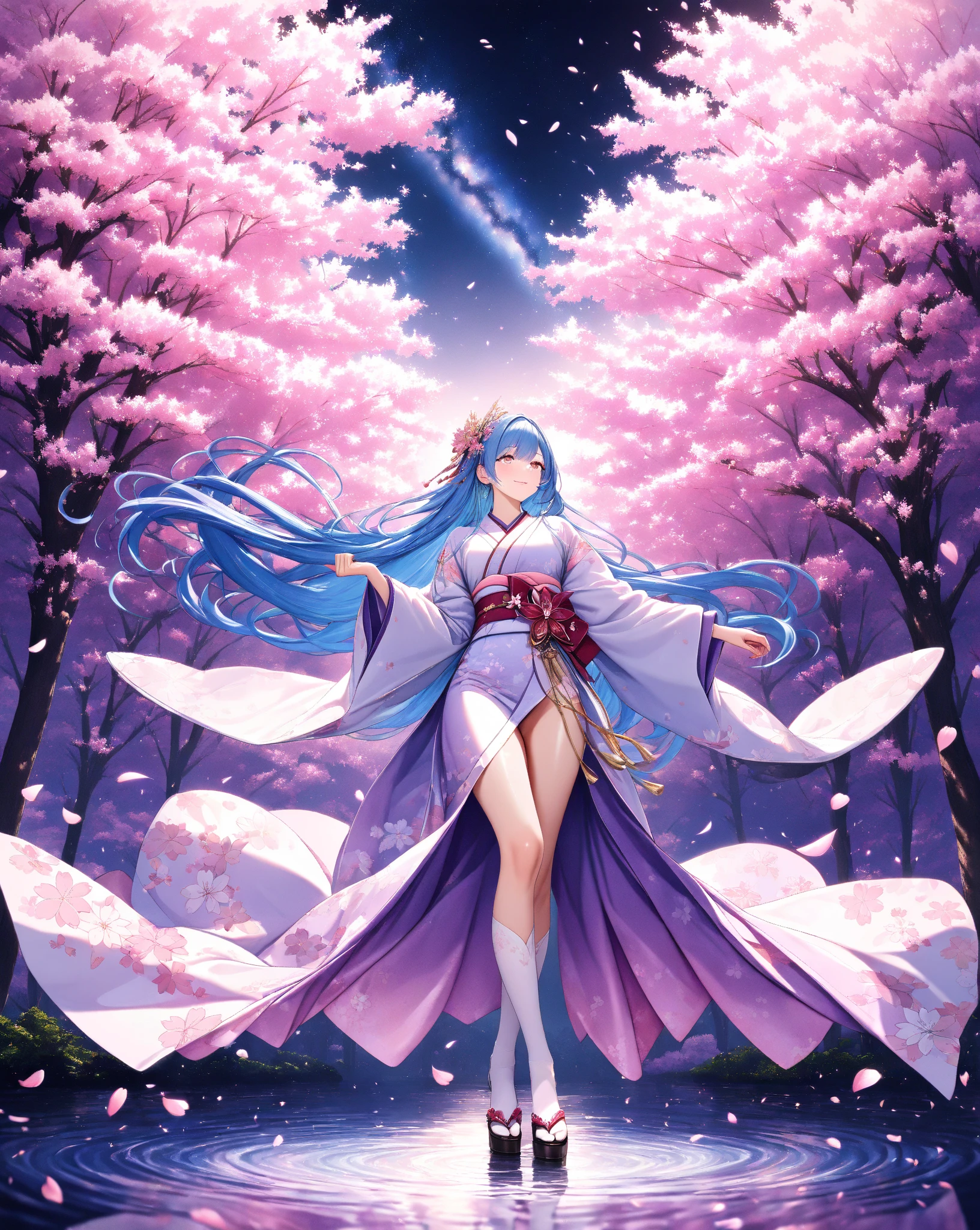 quality:masterpiece,best quality,ultra-detailed,32k,detailed background,
theme:BREAK,(A 20-year-old woman in a breathtakingly elegant kimono that shines in the blue light of the lights):1.3,perfect proportions,detailed skin texture,deep yet somewhat sad smile,Breathtakingly detailed facial features,vivid eyes that feel like being sucked in, delicate and moisturized lips ,
Each finger is rendered in detail,(Shiny blue hair):1.1,Smooth texture like silk,Flowing in the wind,Natural shadows and highlights,Natural and graceful hand pose,Hands based on realistic human anatomy,transparent fingertips that make you feel like you're being sucked in,Clearly defined joints,Detailed expression of the fingers,
Smooth and curvaceous body lines,Translucent and moisturized skin,Graceful knee lines,Natural and beautiful leg lines,
Delicate body contours,Natural wrinkles and shadows in the clothes,Shiny fabric texture,Beautiful, smooth draping,(Poses looking up at cherry blossoms):1.3,
costume:BREAK,(Light purple kimono with long flowing sleeves):1.3,(kimono with smooth drapes made of shiny silk):1.2,Realistic Fabric, intricate details,detailed folds,Pastel Pink Obi,Crimson Belt,Cherry Blossom Patterned Sack Belt,Adorable sandals with intricate patterns decorated with gold thread and silver thread,beautiful floral hair ornament,Are you wearing sakura-patterned socks,
Style:BREAK,photorealistic,3D rendering,cinematic lighting,volumetric lighting,ray tracing,depth of field,cinematic shot,pastel,translucent,
background:BREAK,(The weeping cherry blossoms in full bloom at night are illuminated in the foreground):1.3, (Weeping cherry blossoms in full bloom at night are illuminated in front of the Milky Way where countless stars shine in the back):1.4,,(backgroundに広がる漆黒の夜空と煌めく星々):1.4,,(and weeping cherry blossoms in full bloom are illuminated):1.3,(cherry blossom petals dance):1.3,( cherry blossom petals scattered on the ground ):1.2,(Sparkling stars spreading in the night sky々):1.4,(The dark night sky spreads as far as the eye can see):1.3,volumetric lighting,幻想的なbackground,
