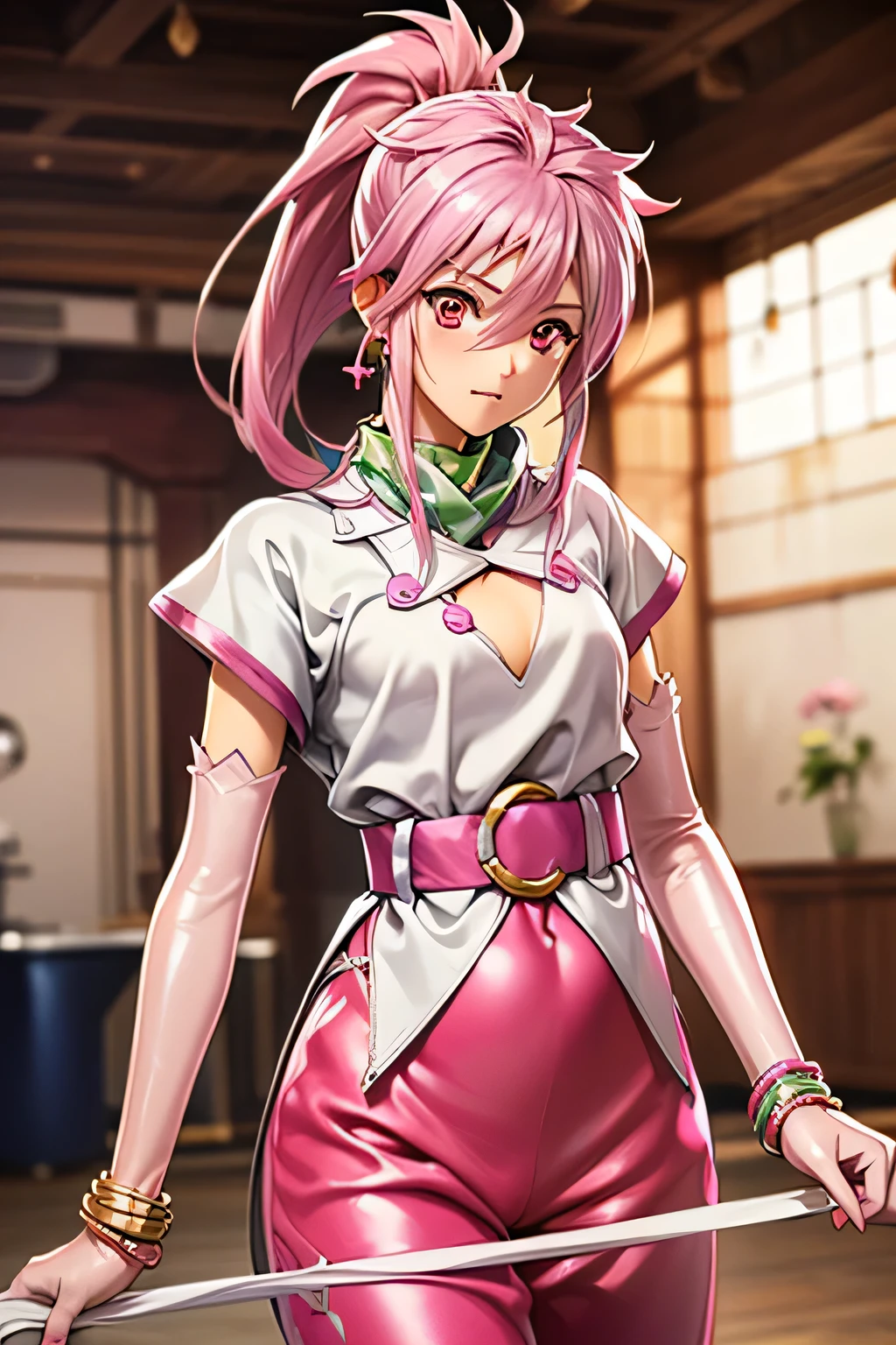 perfect anatomy　Top Quality,highest resolution from vagina,(((white clothes with metallic luster　pink loose-fitting pants with metallic luster　shiny pink hair　ponytail　red eyes　girl　sweat)))　Tales of Phantasia　Arche 
