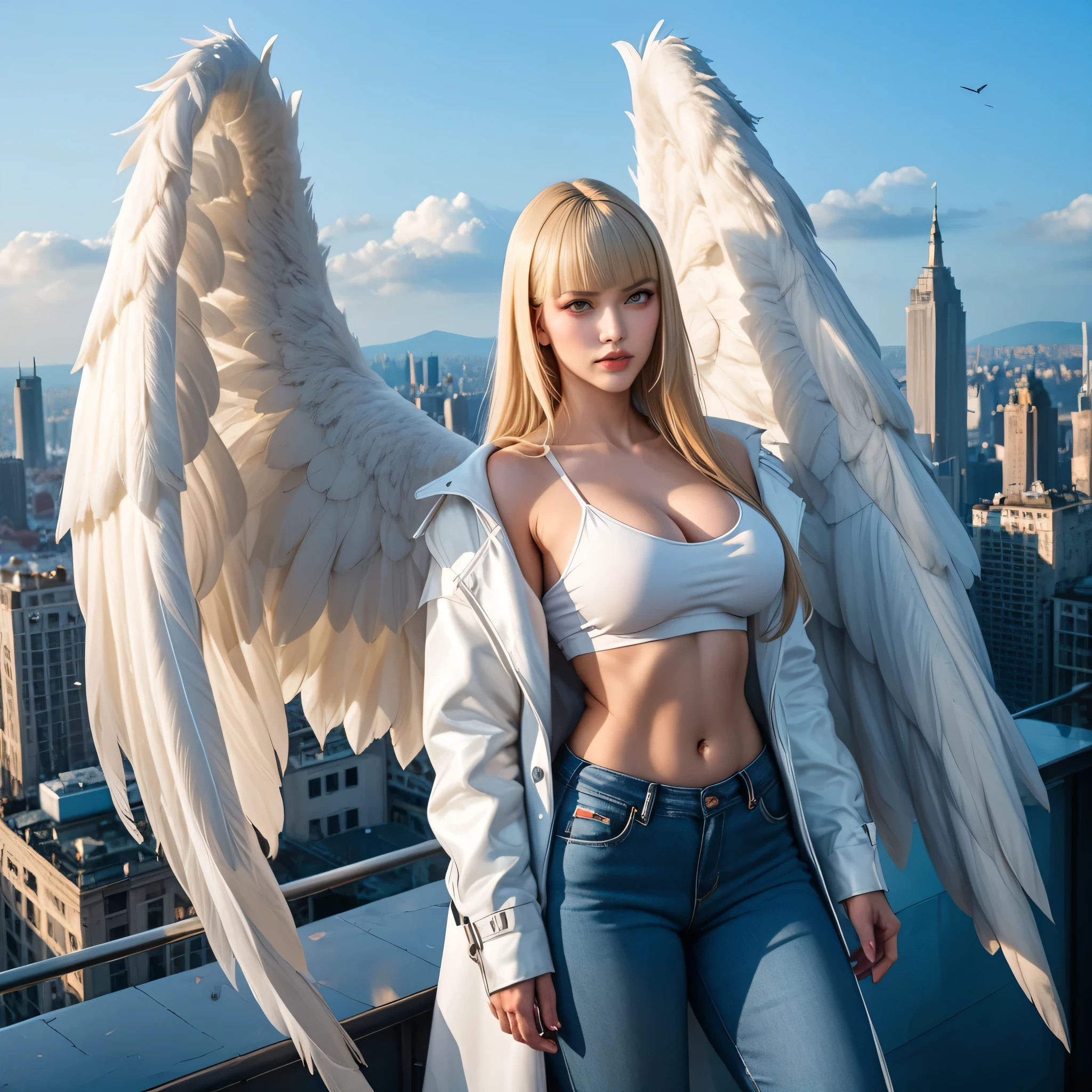 Ultra-detailed complex 3D rendering of the face, (Colossal: 8.8), (masterpiece, top quality, octane rendering, 8K), glamour shot full body image, cleavage, (highly detailed skin: 1.2), (exposure: 1.1), (blonde), (wearing a plummet tank top of gold silk: 1.5)), blonde hair, beautiful Caucasian woman with full soft breasts and white skin, one with big ass, long braided hair, big breasts, dynamic angle, mystical expression, ultra-realistic photography, (((((portrait))), bare feet, futuristic city background, facial muscles, detailed and beautiful queen tiara, in the style of Marvel Comics, clear focus, studio photography, intricate details, highly detailed, detailed yellow eyes, sharp focus, digital rendering, professional, abs, ((((sexy pose))), natural jungle, open mouth lightly, mansle, open crotch, seductive look, angel ring, detailed angel wings, angel ring, detailed mouth inside,