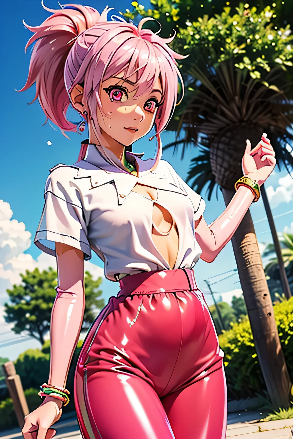 perfect anatomy　Top Quality,highest resolution from vagina,(((white clothes with metallic luster　pink loose-fitting pants with metallic luster　shiny pink hair　ponytail　red eyes　girl　sweat)))　Tales of Phantasia　Arche 