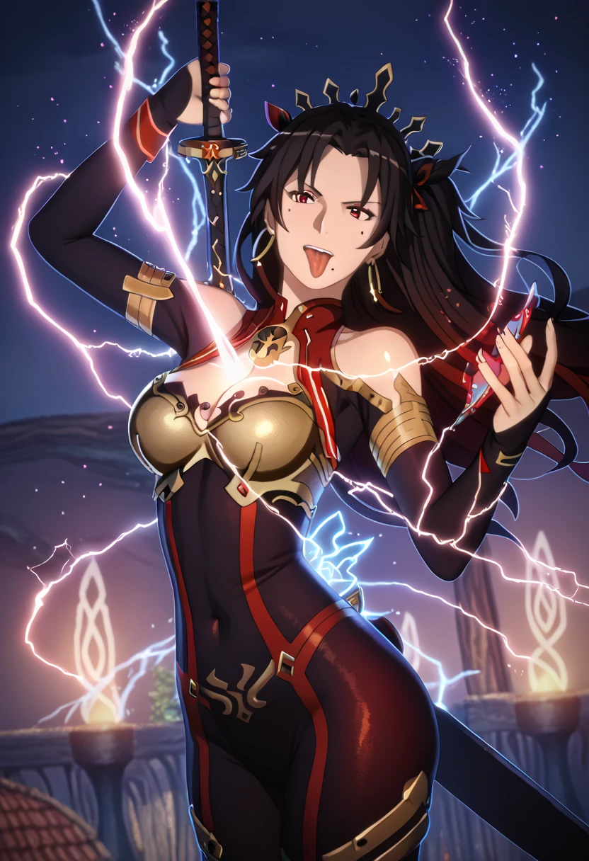 score_9, score_8_up, score_8, score_7_up, bouqtm, ishtar_(fate), red_eyes, parted bangs, long_hair, jewelry, earrings, black_hair, armlet, crown, two_side_up, small_breasts, hoop_earrings, ribbon, narrowed eyes, plump, shiny skin, anatomical correct, ((tongue out)), excessive saliva, 1girl, breasts, weapon, human_scabbard, solo, sword, electricity, cleavage, holding_weapon, musou_isshin_(genshin_impact), mitsudomoe_(shape), drawing_sword, holding, tomoe_(symbol), holding_sword, bodysuit, bridal_gauntlets, shoulder_armor, armor, mole, katana, mole_under_eye, covered_navel, cowboy_shot, between_breasts, sheath, alternate_costume, floating_hair, ((aura)), ((white outline)), smirk, magic particle, fantasy
