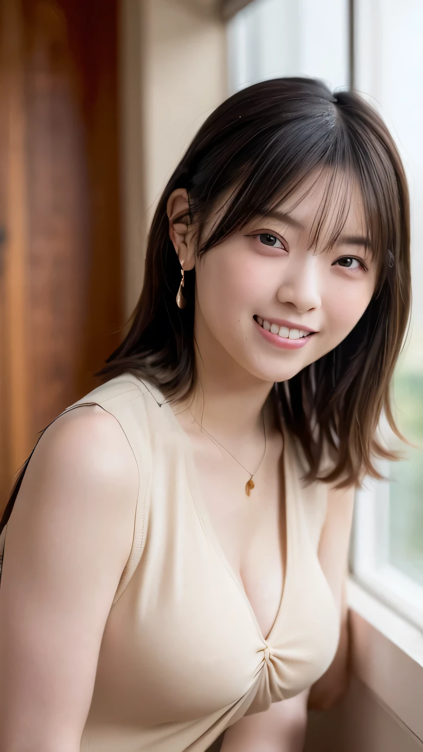 (8K、RAW Photos、Highest quality、masterpiece:1.2),underwear,Pelvic Curtain,Loincloth,High resolution,Cinematic,masterpiece,Complex,Beautiful Face,Beautiful Lips,View your viewers,Tight cleavage,huge ,smile,Upper Body