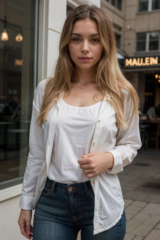 Hochwertiges Rendering einer niedlichen 24 years old.Tina Douthit, mittellanges braunes haar, Detaillierte symmetrische haselnussbraune Augen, Selbstbewusst aussehen, entspannt, Sorrisos, with a hint of superiority, White blouse, blaue jeans, in der stadt, Atemberaubendes realistisches Foto, 3D-Rendering, Aufwendig detailliert, filmisch, Zentriertes hyperrealistisches Titelbild