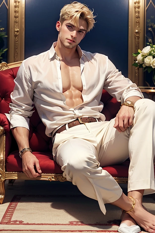 Full Body photorealistic shots of handsome hunky blonde Prince of the Sun, wearing gold, sitting on the elegant throne, sunshine, sunlight and sky as the background 