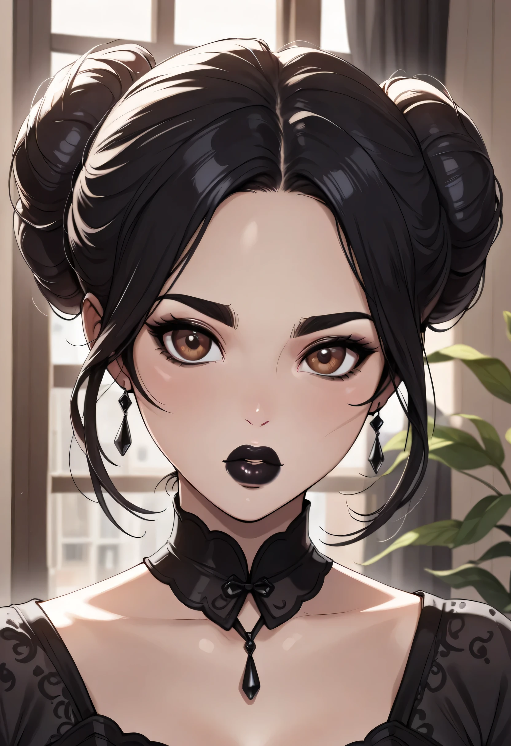 ((Perfect Face, Black Hair Bun, Brown Eyes, Black Thick Lips, Female Beautiful)), (Anime Girl, Illustration, Drawn, Portrait, Solo)