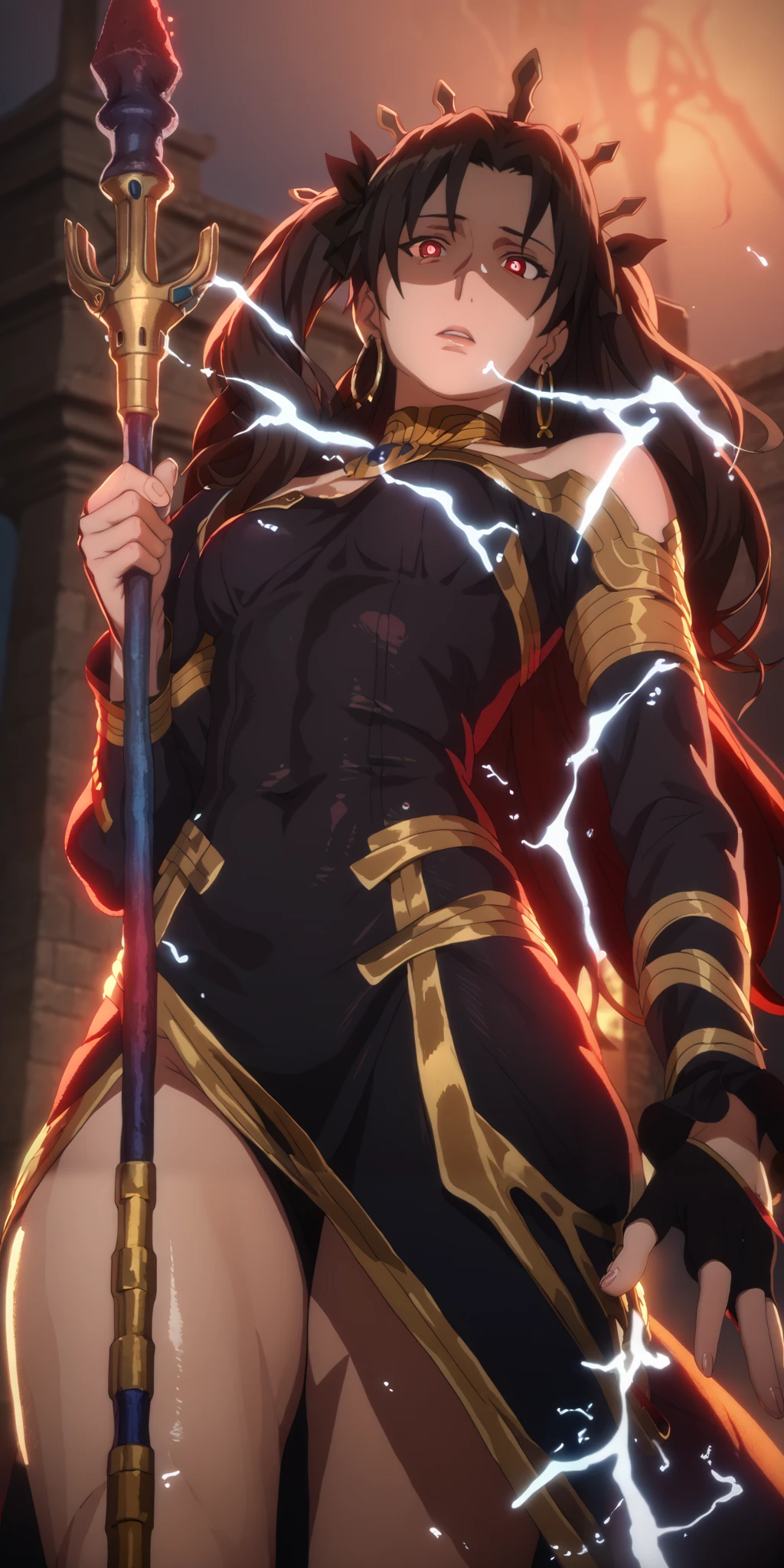 score_9, score_8_up, score_8, score_7_up, bouqtm, ishtar_(fate), red_eyes, parted bangs, long_hair, jewelry, earrings, black_hair, armlet, crown, two_side_up, small_breasts, hoop_earrings, ribbon, bright pupils, plump, shiny skin, anatomical correct, 1girl, solo, gloves, breasts, earrings, jewelry, white_gloves, black_hair, staff, looking_at_viewer, parted_lips, holding, dress, from_below, holding_staff, long_sleeves, puffy_sleeves, covered_navel, black_dress, ((dusty)), ((aura)), Cinematic, looking down, shaded face
