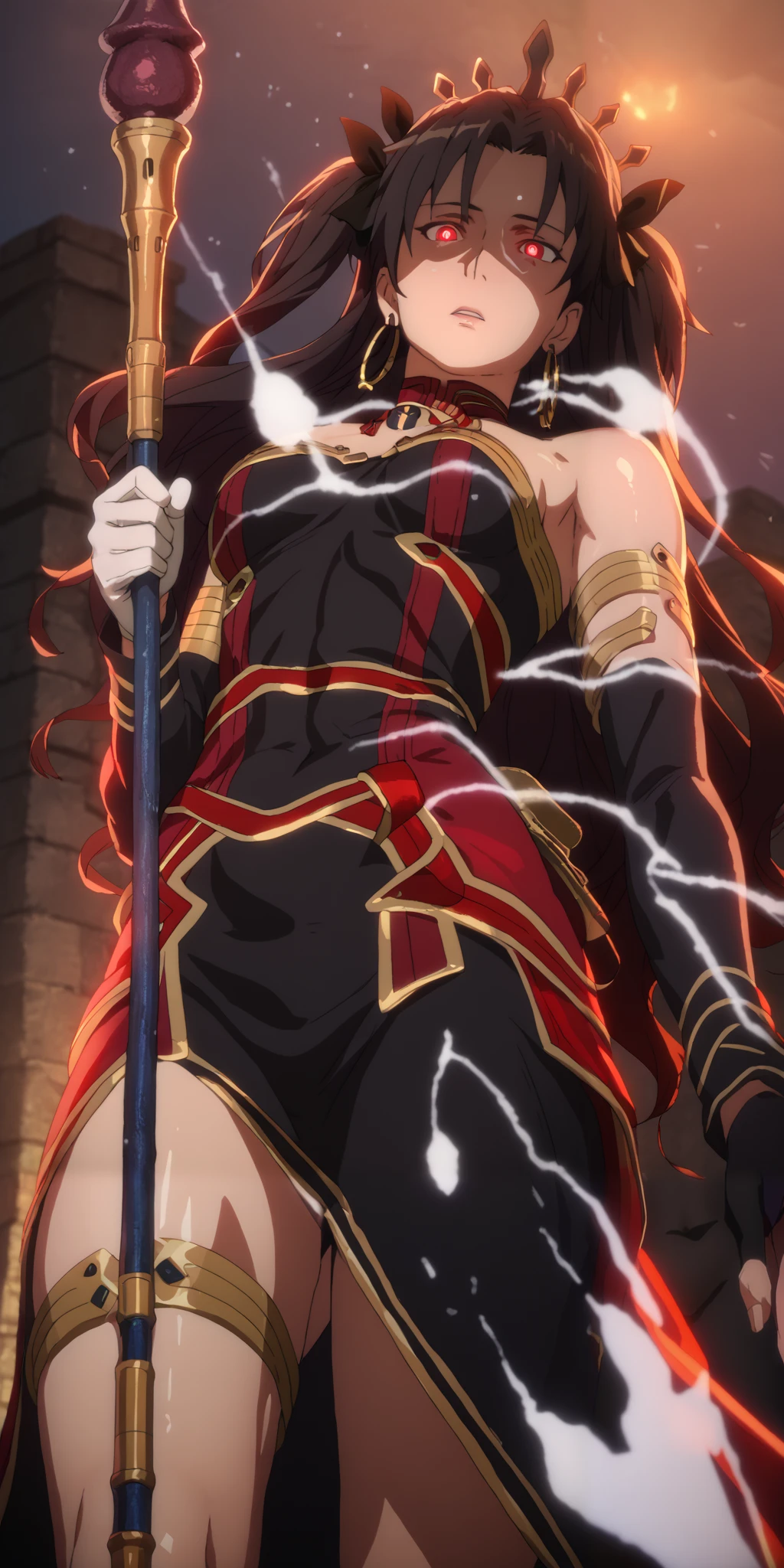 score_9, score_8_up, score_8, score_7_up, bouqtm, ishtar_(fate), red_eyes, parted bangs, long_hair, jewelry, earrings, black_hair, armlet, crown, two_side_up, small_breasts, hoop_earrings, ribbon, bright pupils, plump, shiny skin, anatomical correct, 1girl, solo, gloves, breasts, earrings, jewelry, white_gloves, black_hair, staff, looking_at_viewer, parted_lips, holding, dress, from_below, holding_staff, long_sleeves, puffy_sleeves, covered_navel, black_dress, ((dusty)), ((aura)), Cinematic, looking down, shaded face