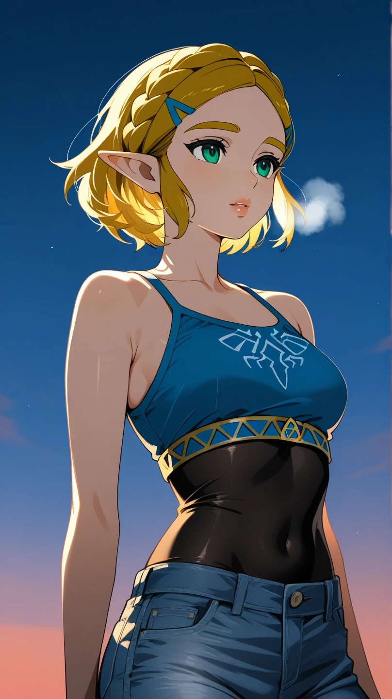 masterpiece,best quality,zelda\(princess\), 1girl, solo, large breasts,short_hair, cleavage, bare arms, bare stomach, sleeveless, big smile, happy, joyful, young girl, young teen, 17 year old, very skinny, tank top