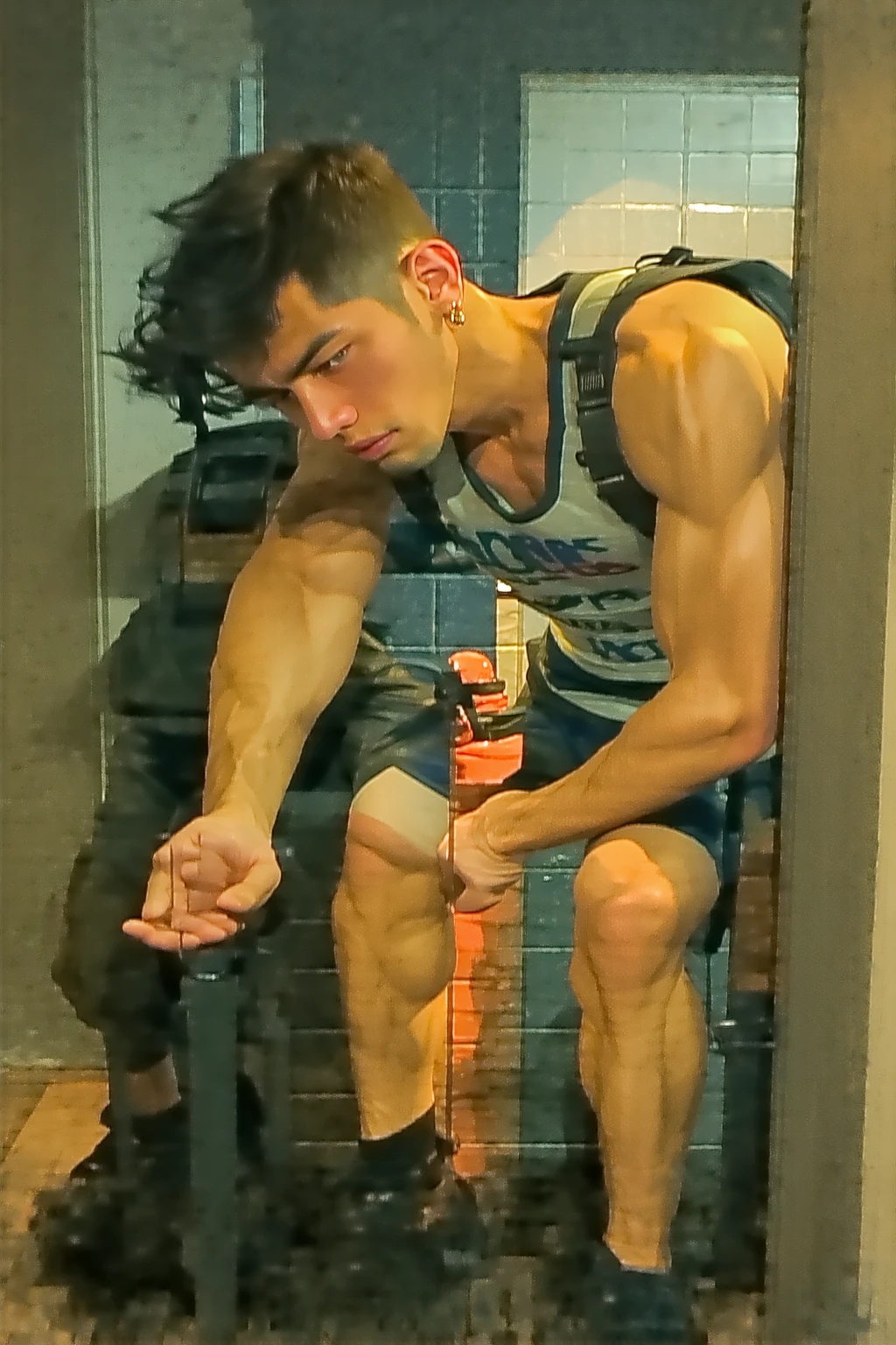 there is a man in a underwear holding a wii remote, posing ready for a fight, beefcake pose, his arms and legs are hanging, young man with short, ripped clothes holding whip, in an action pose, heroic muay thai stance pose, kickboxer fighter, mma southpaw stance, boxing stance, in a fighting pose, posing for a fight intricate